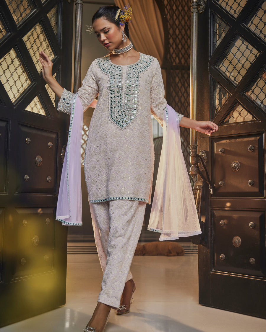 Aria Kurta with Turquoise Mirror Yoke, Narrow Pants & Dupatta in Blush