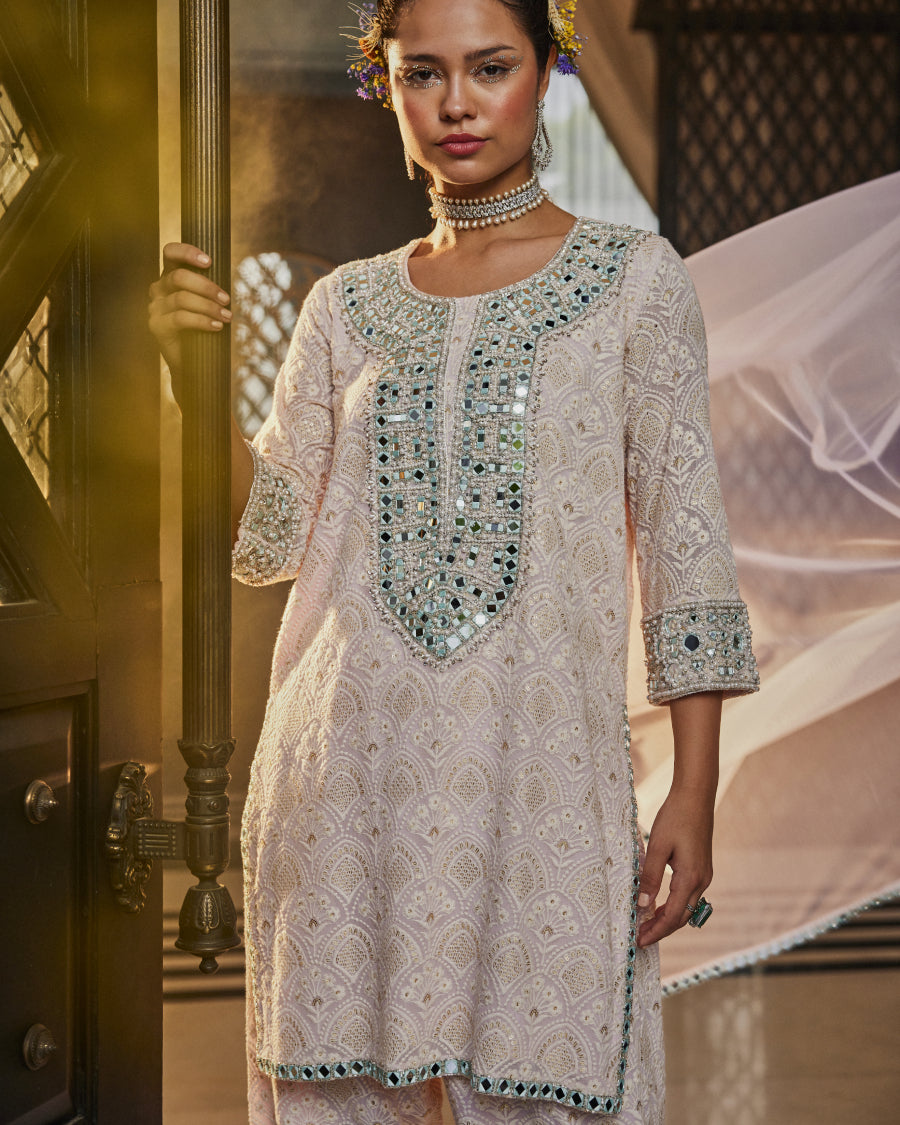 Aria Kurta with Turquoise Mirror Yoke, Narrow Pants & Dupatta in Blush