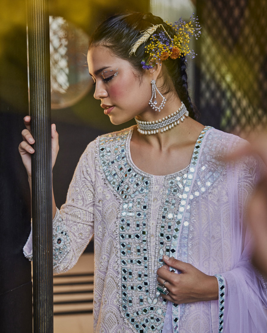 Aria Kurta with Turquoise Mirror Yoke, Narrow Pants & Dupatta in Blush