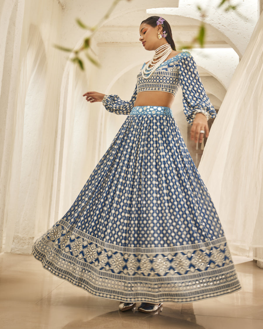 Lara Top with Stardust Lehenga Skirt in Azure