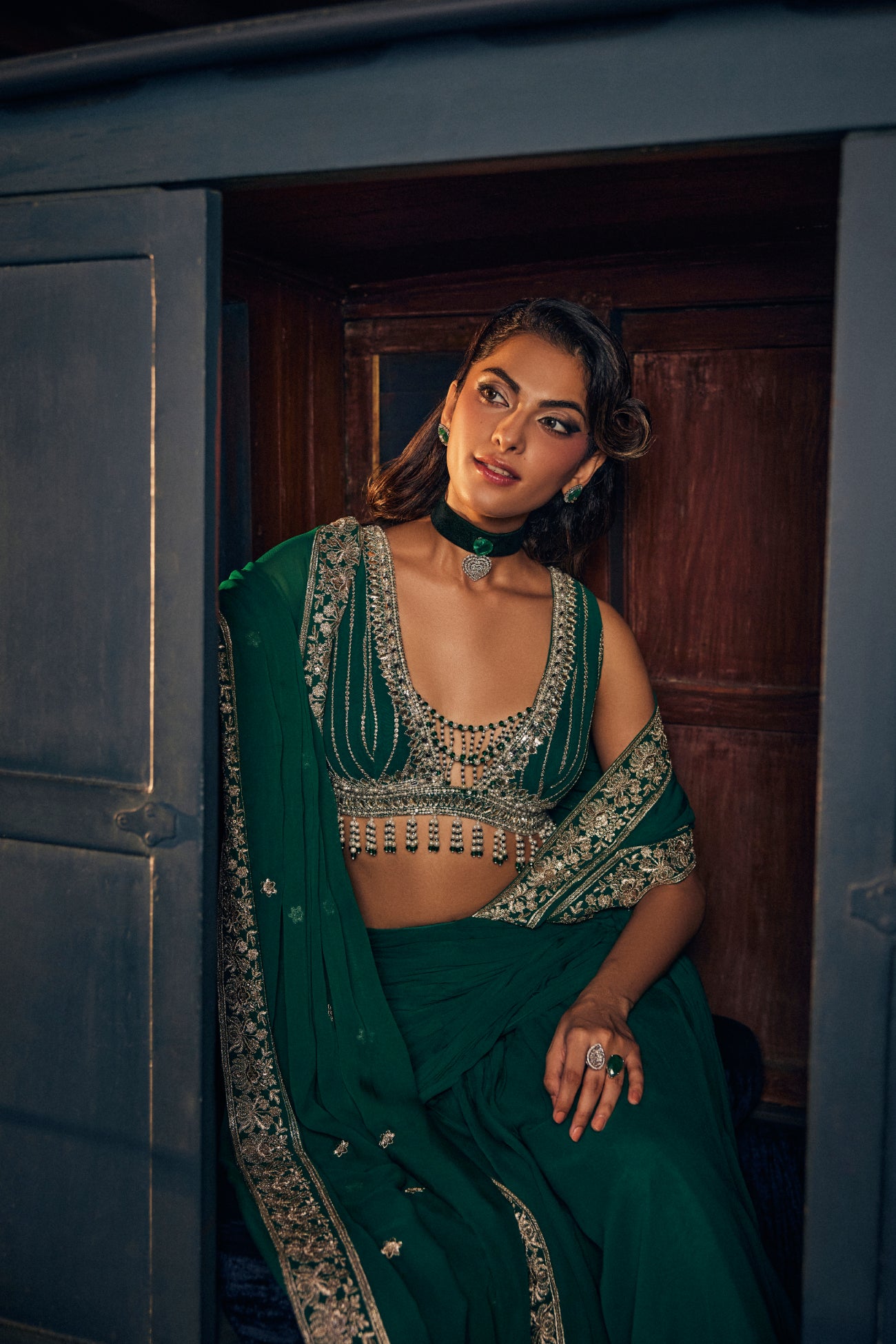Perle Draped Saree with Tassel Blouse in Emerald Zari