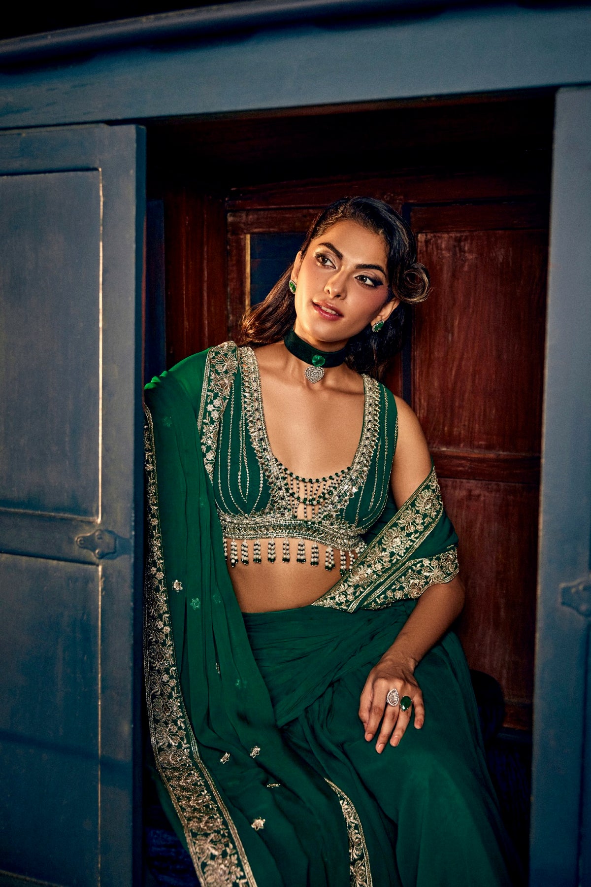 Perle Draped Saree with Tassel Blouse in Emerald Zari