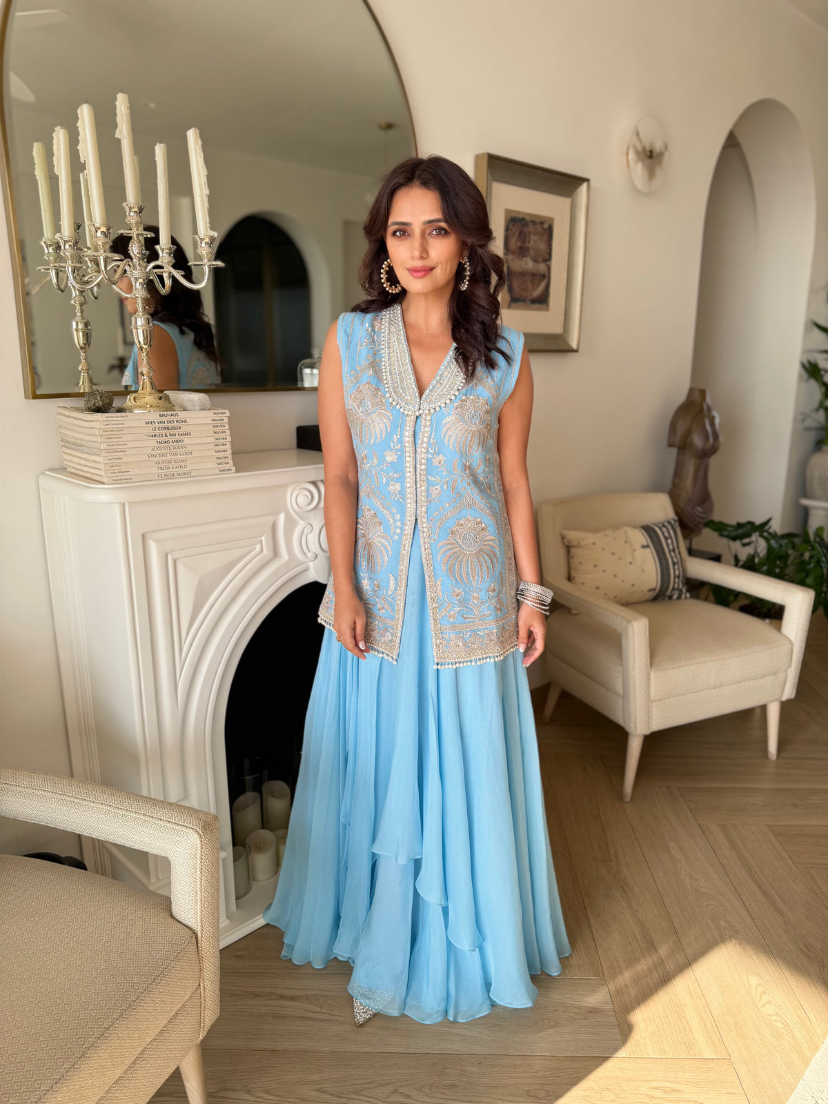 Perle Layered Skirt with Collar Tunic in Sky Blue Zari
