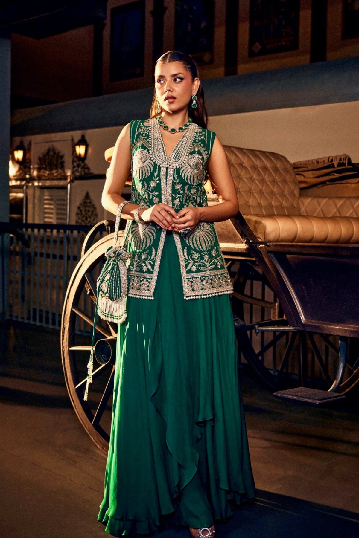 Perle Layered Skirt with Collar Tunic in Emerald Zari
