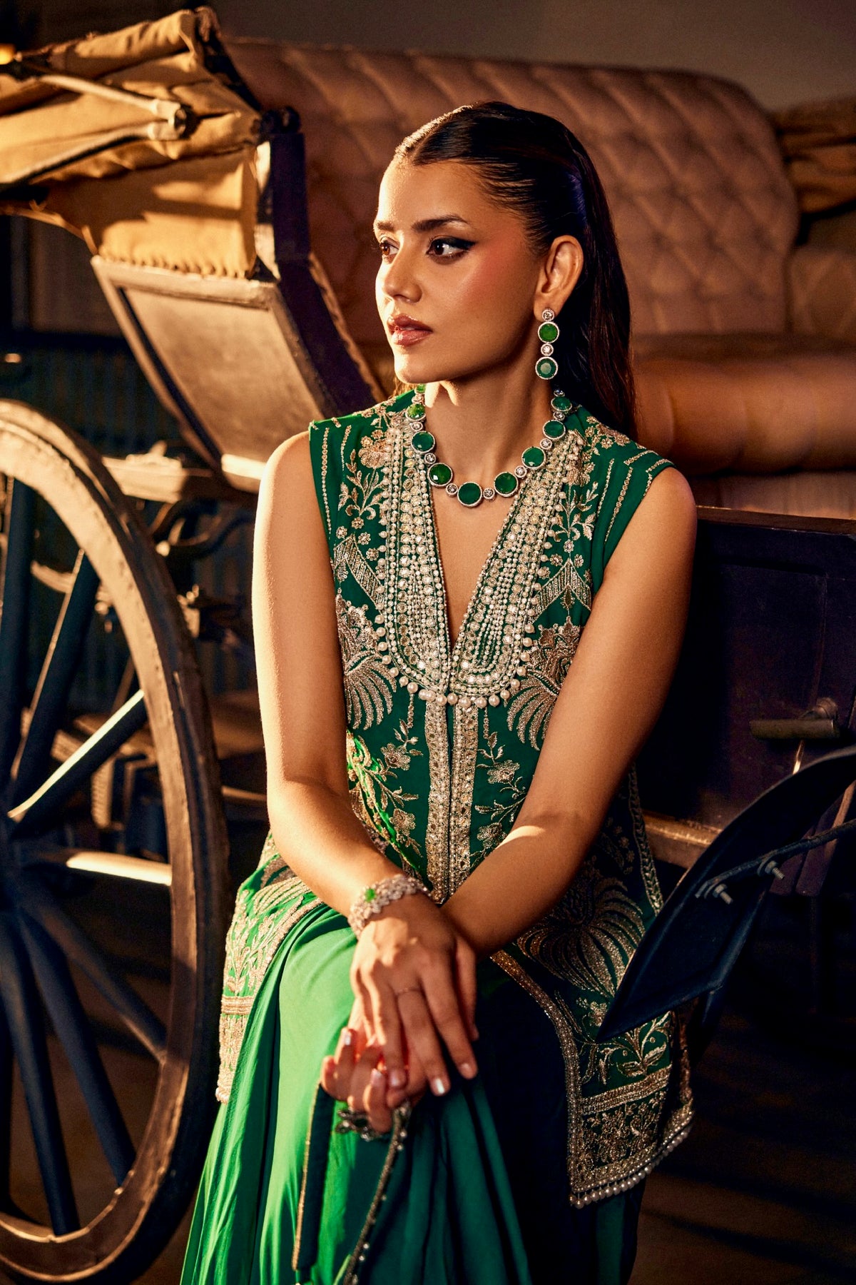 Perle Layered Skirt with Collar Tunic in Emerald Zari