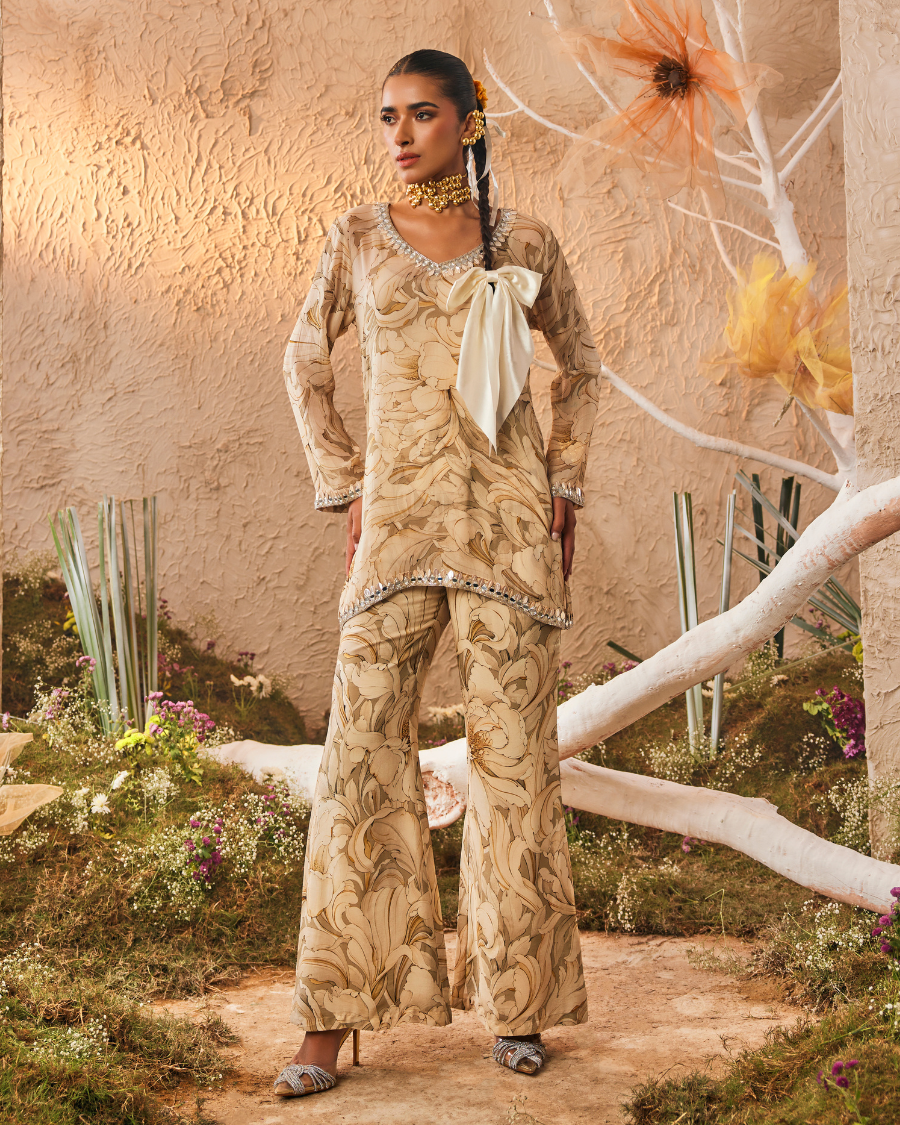 Kiara Slim Tunic with Palazzo Pants in Beige