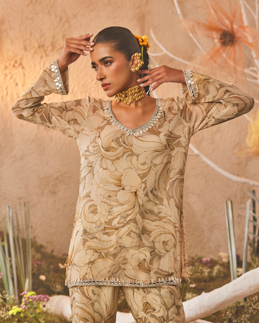 Kiara Slim Tunic with Palazzo Pants in Beige