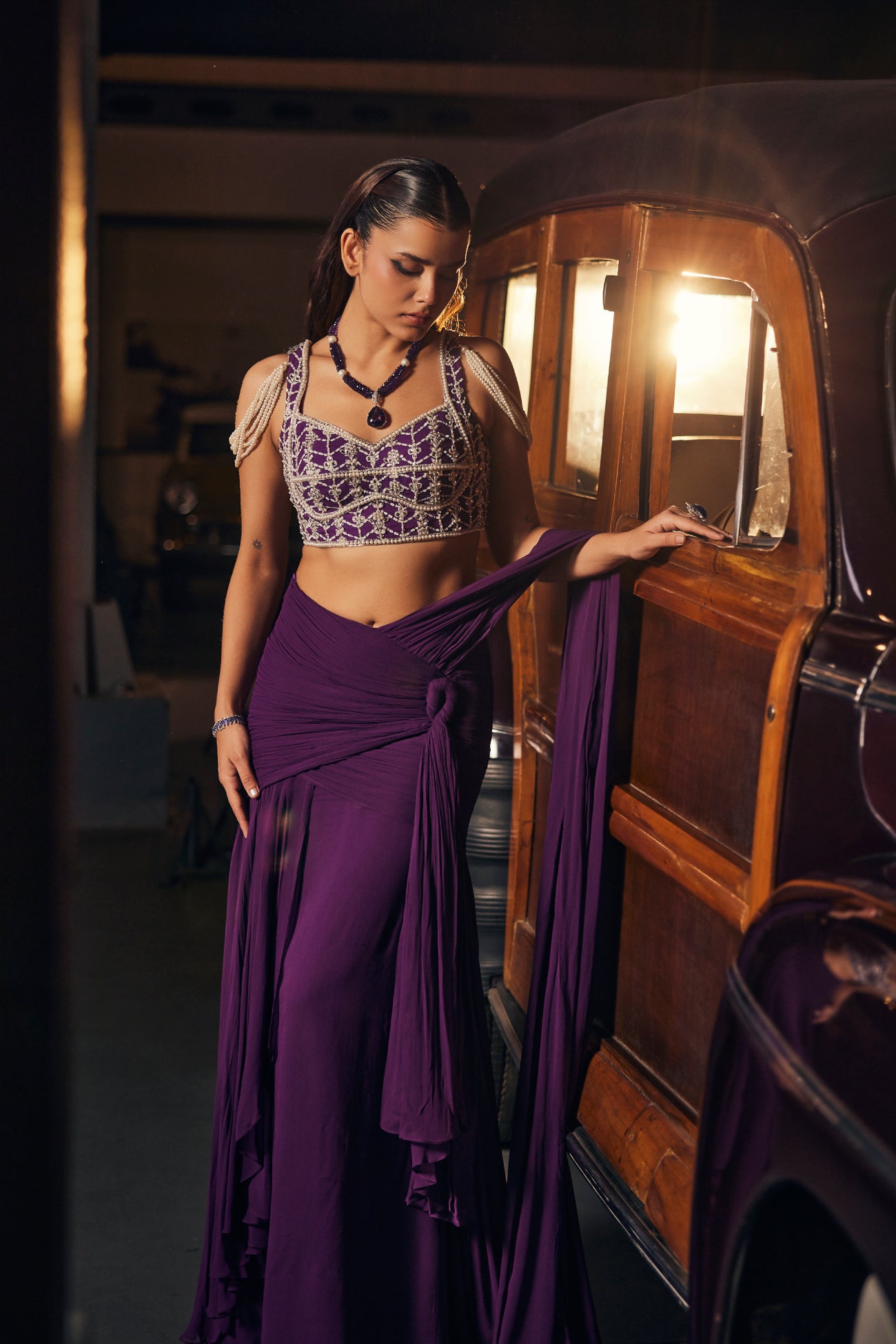 Perle Ruched Saree with Pearl Blouse in Purple