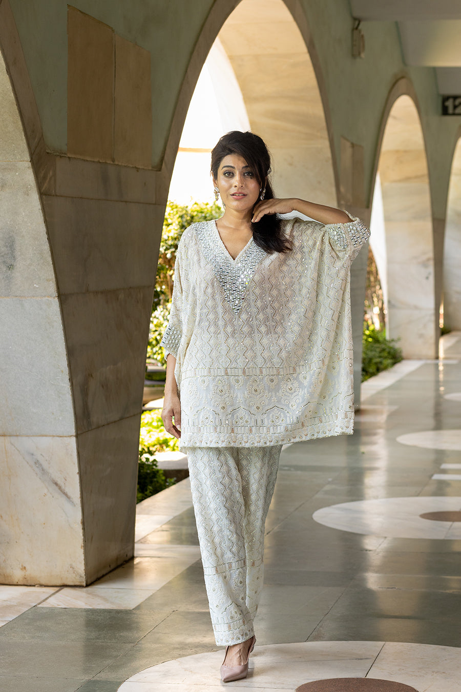 Pearl and Mirror embellished Tunic Set in Ivory