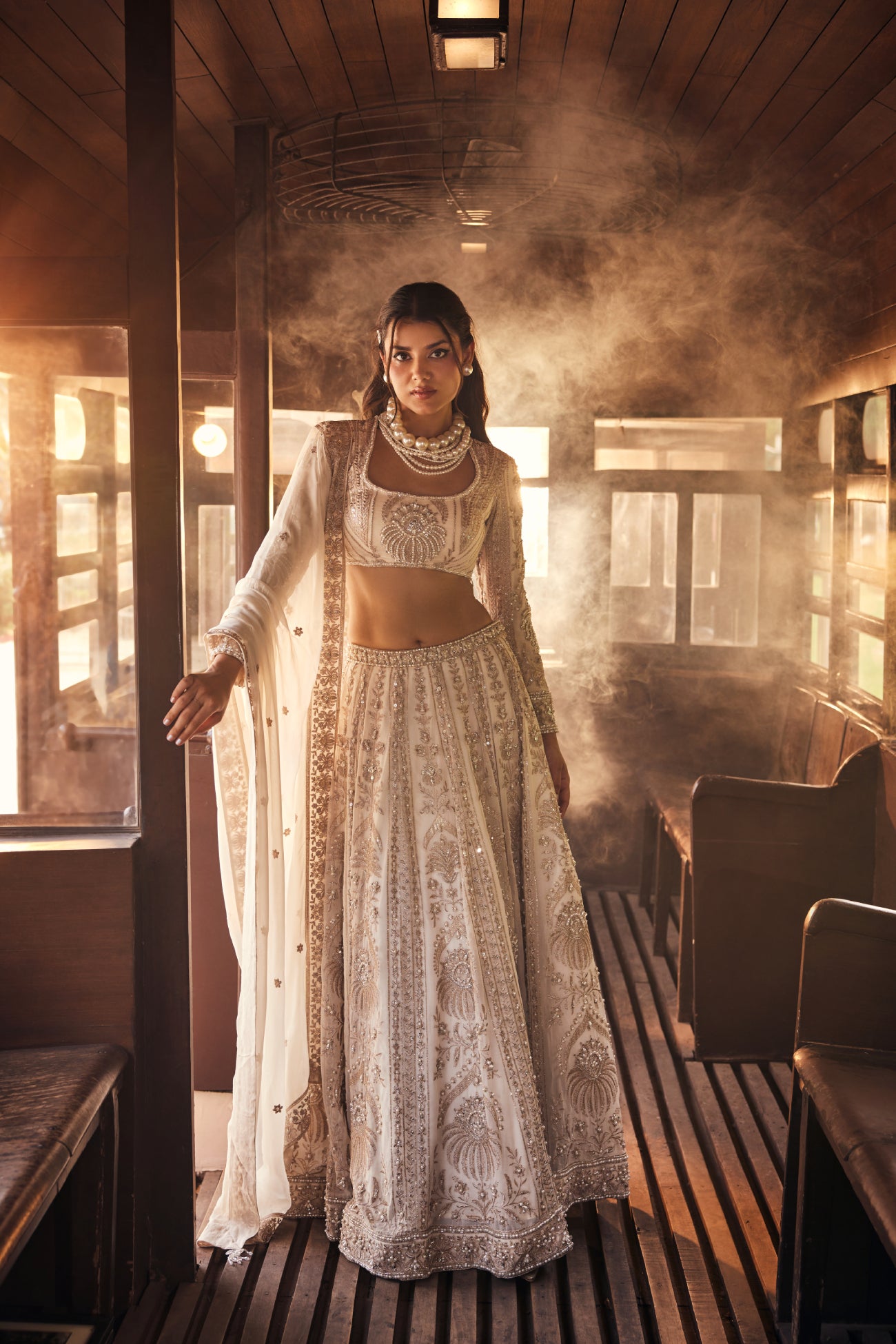 Perle Lehenga Set with Full-Sleeve Blouse in Ivory Zari