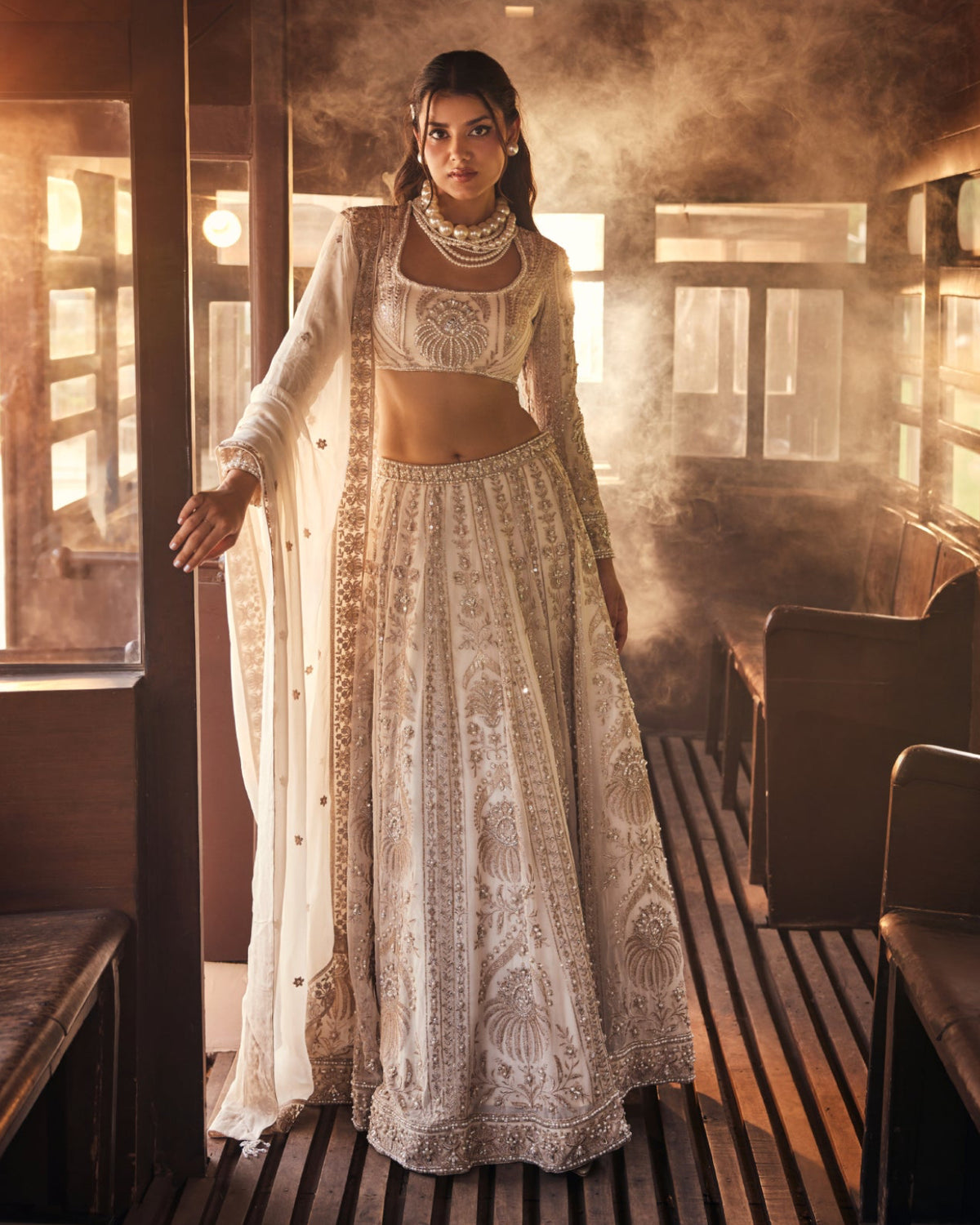 Perle Lehenga Set with Full-Sleeve Blouse in Ivory Zari