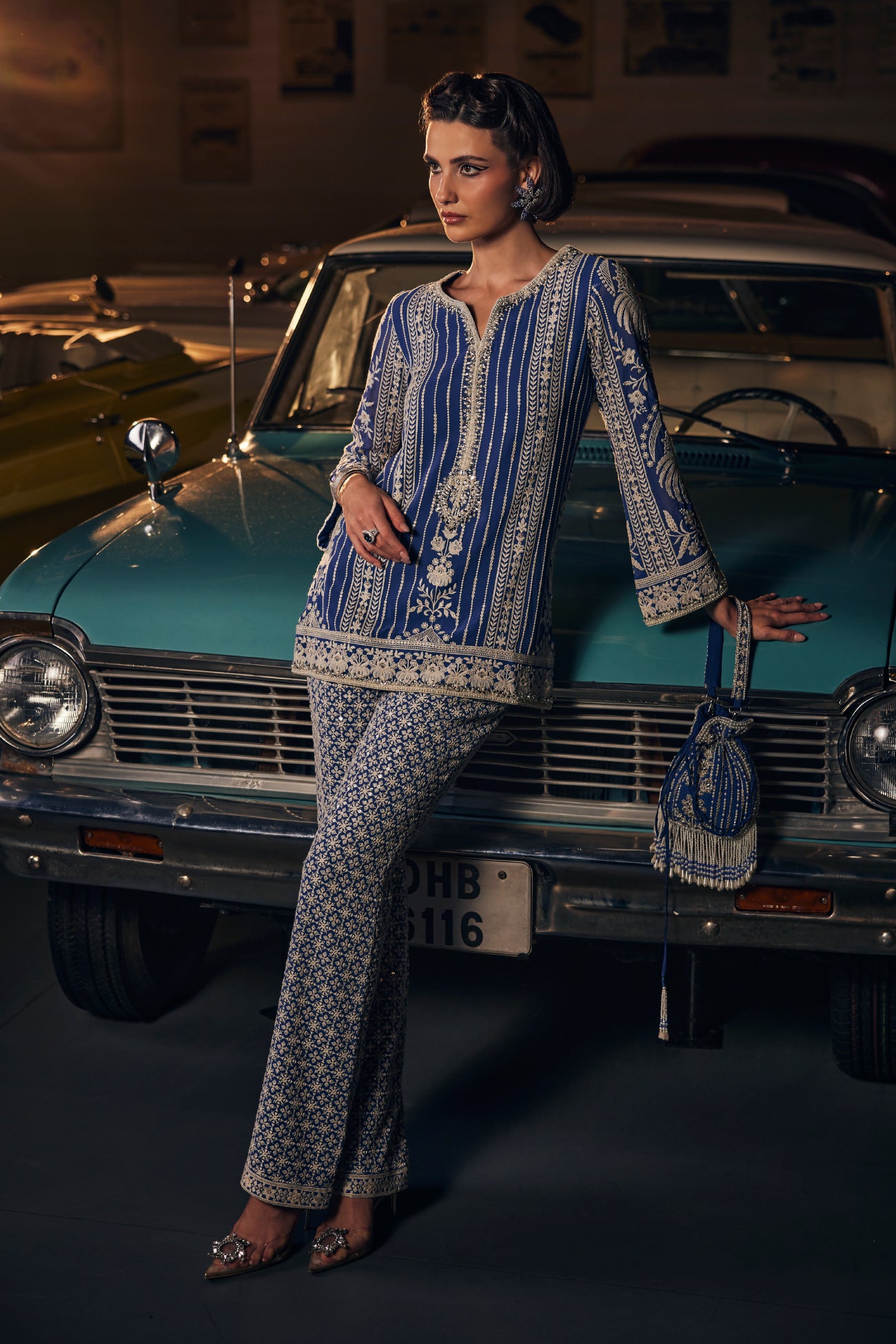 Perle Slim Tunic Set with Palazzos in Cobalt Thread
