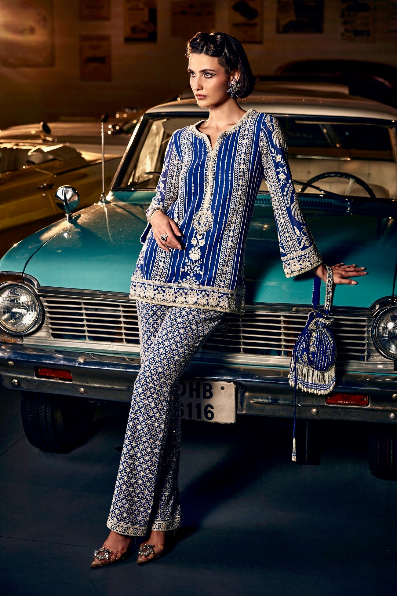 Perle Slim Tunic Set with Palazzos in Cobalt Thread