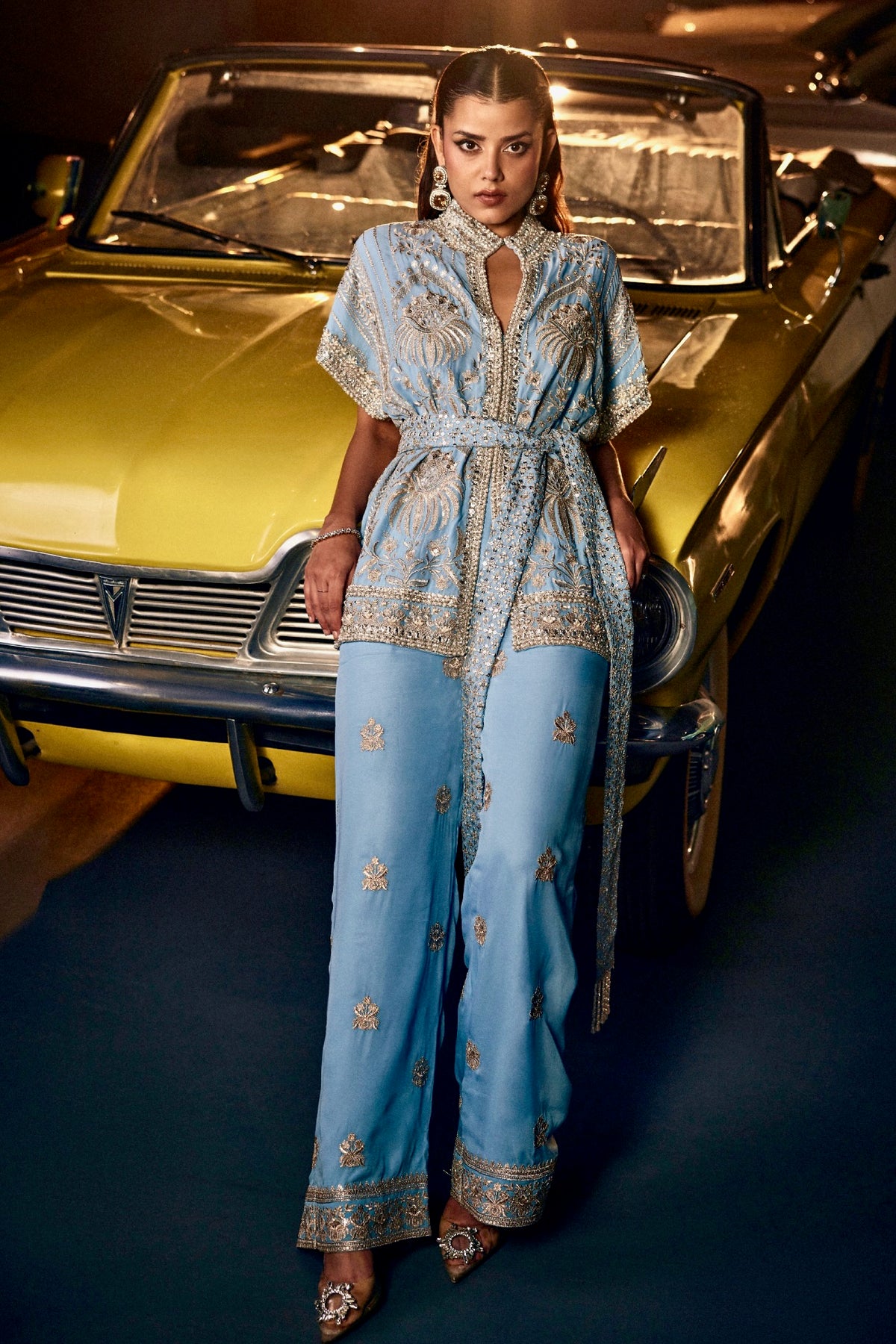 Perle Belted Tunic with Straight Pants in Sky Blue Zari