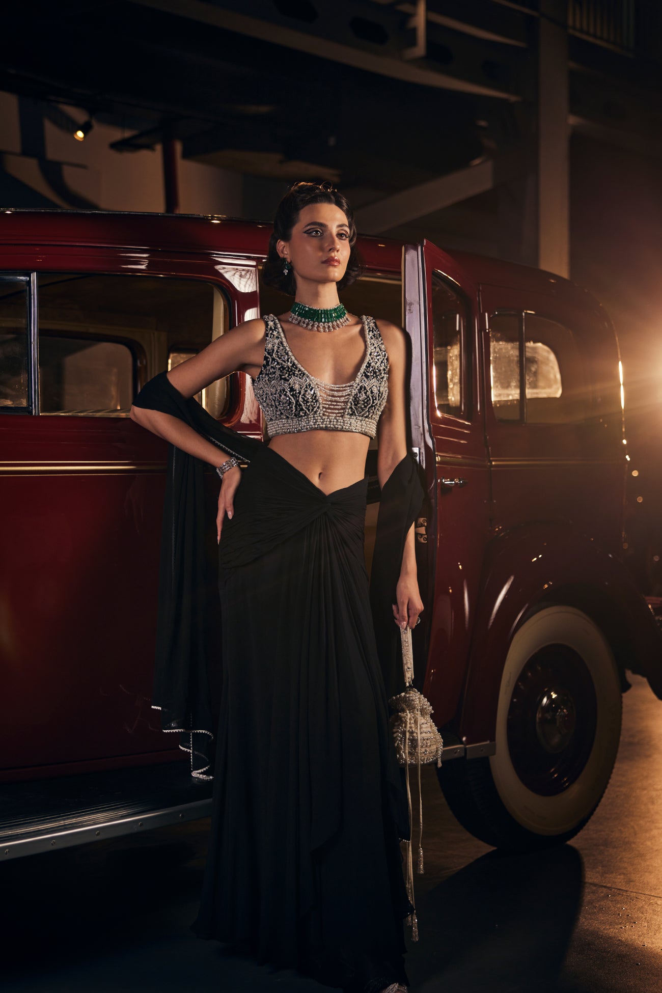Perle Ruched Skirt Set with Pearl Blouse in Black