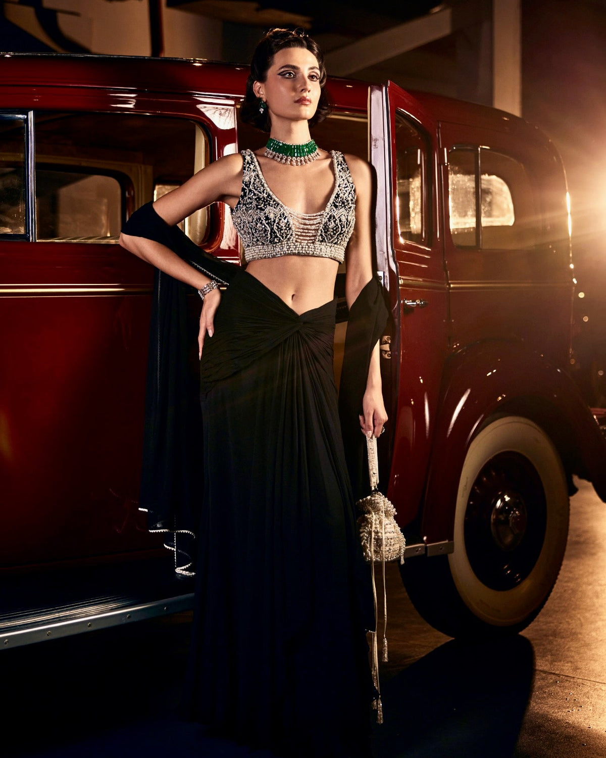 Perle Ruched Skirt Set with Pearl Blouse in Black