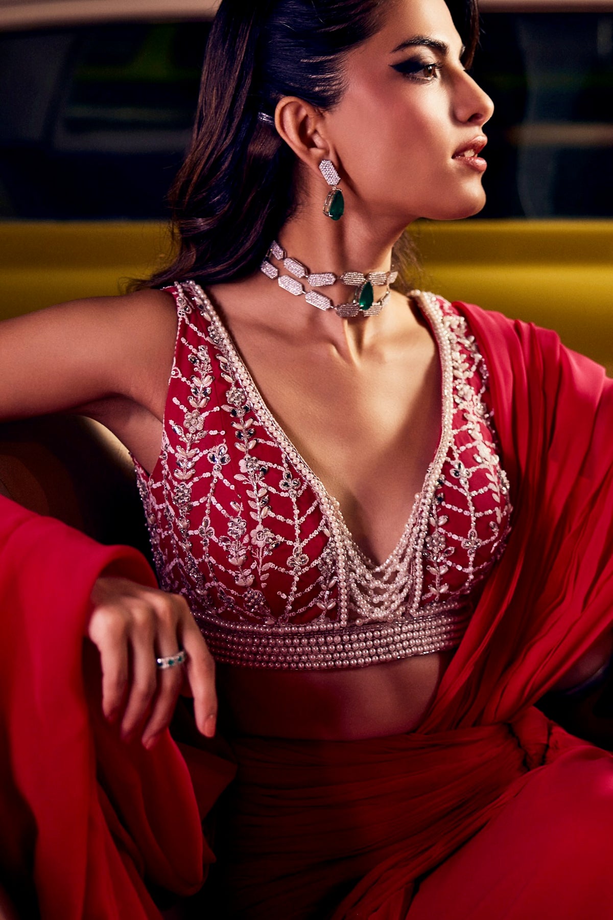 Perle Ruched Saree with Pearl Blouse in Hot Pink