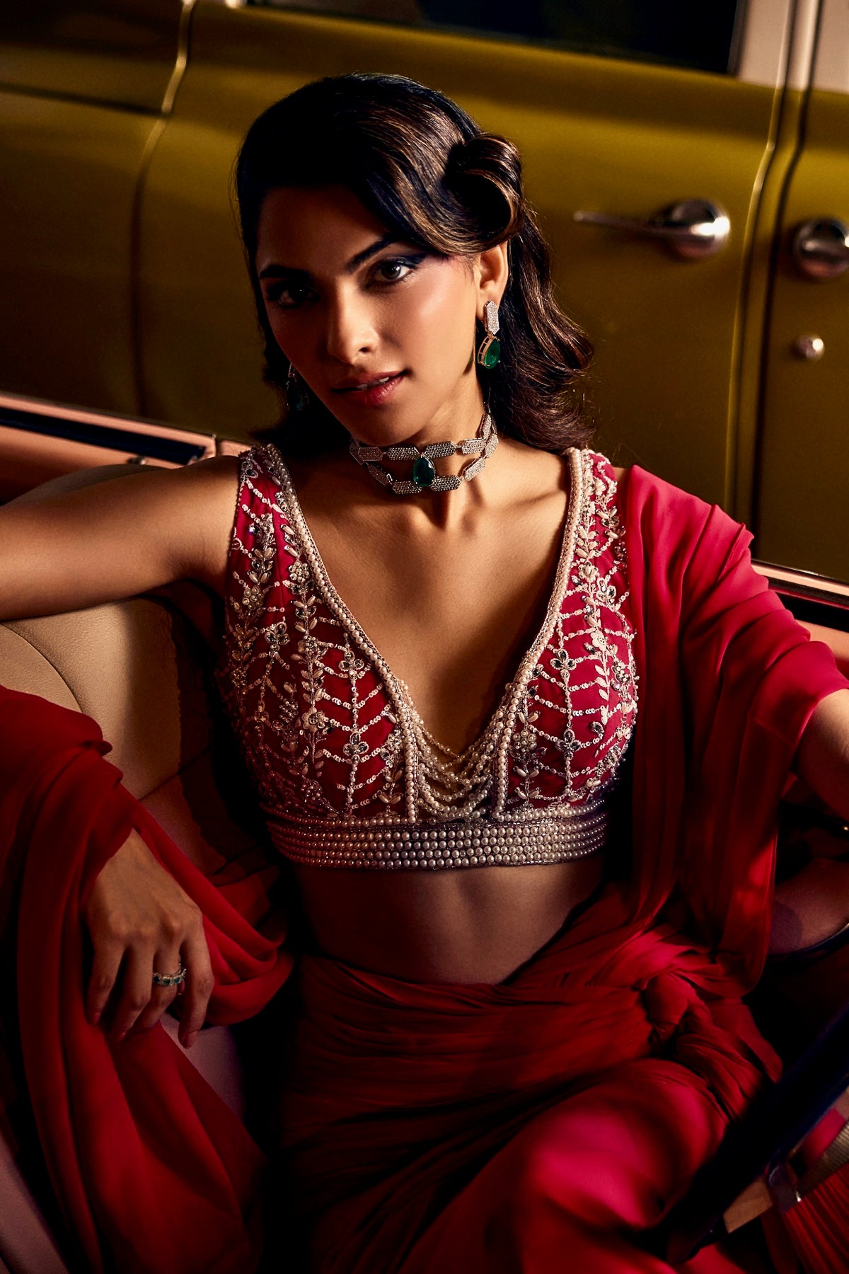 Perle Ruched Saree with Pearl Blouse in Hot Pink