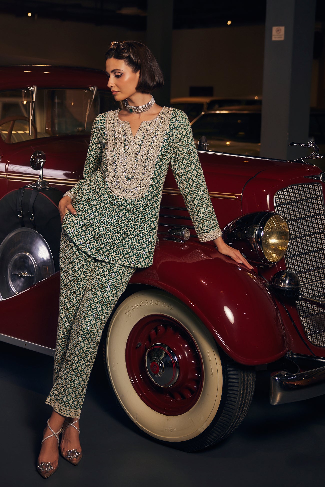 Perle Round Hem Tunic Set in Emerald Thread
