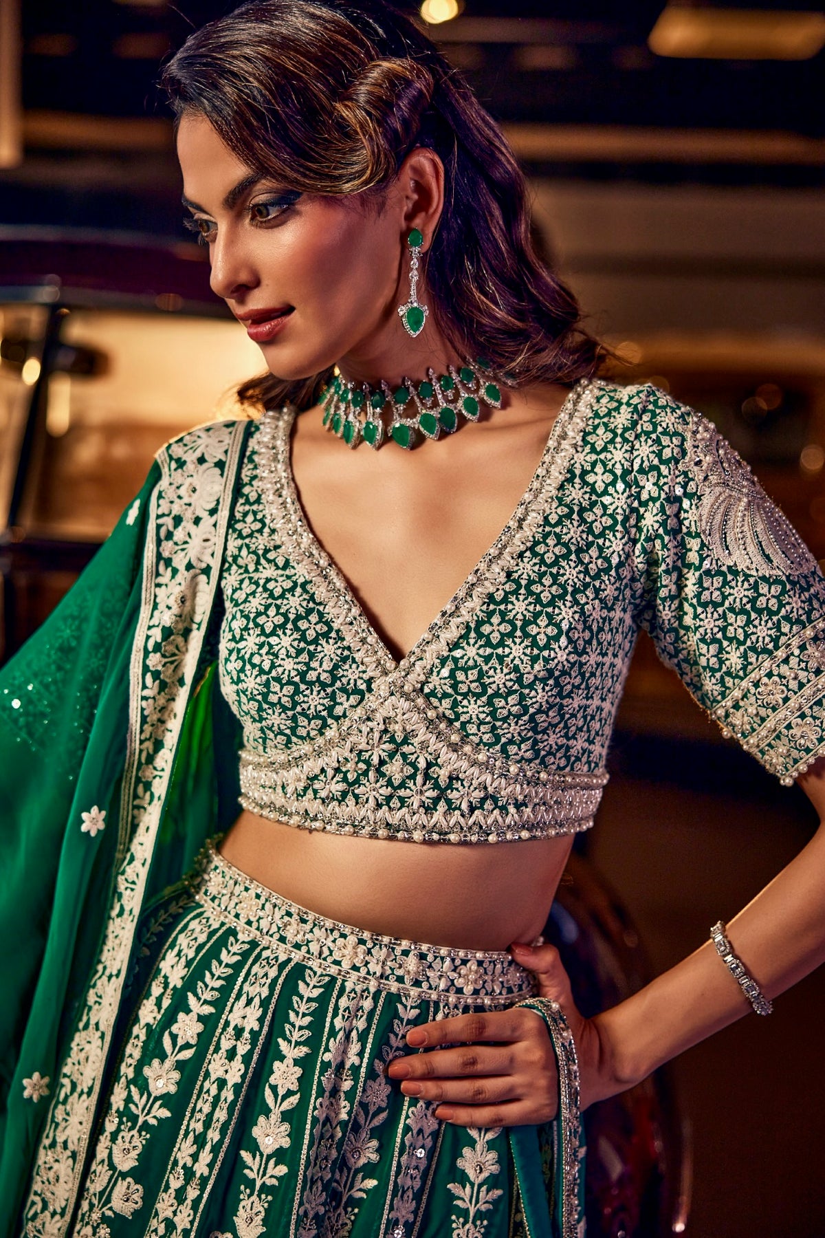 Perle Lehenga Set in Emerald Thread