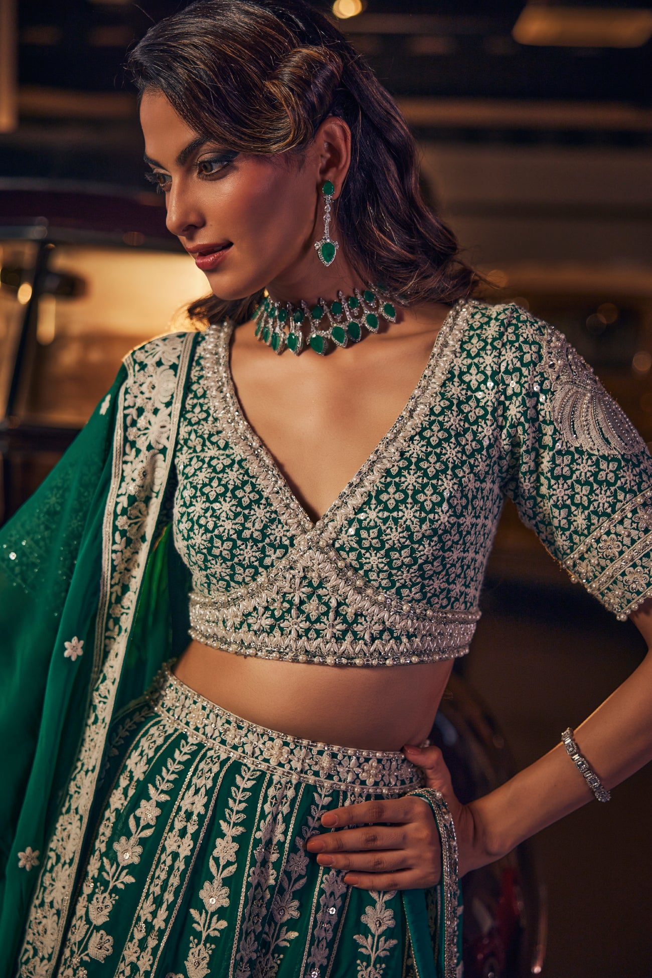 Perle Lehenga Set in Emerald Thread