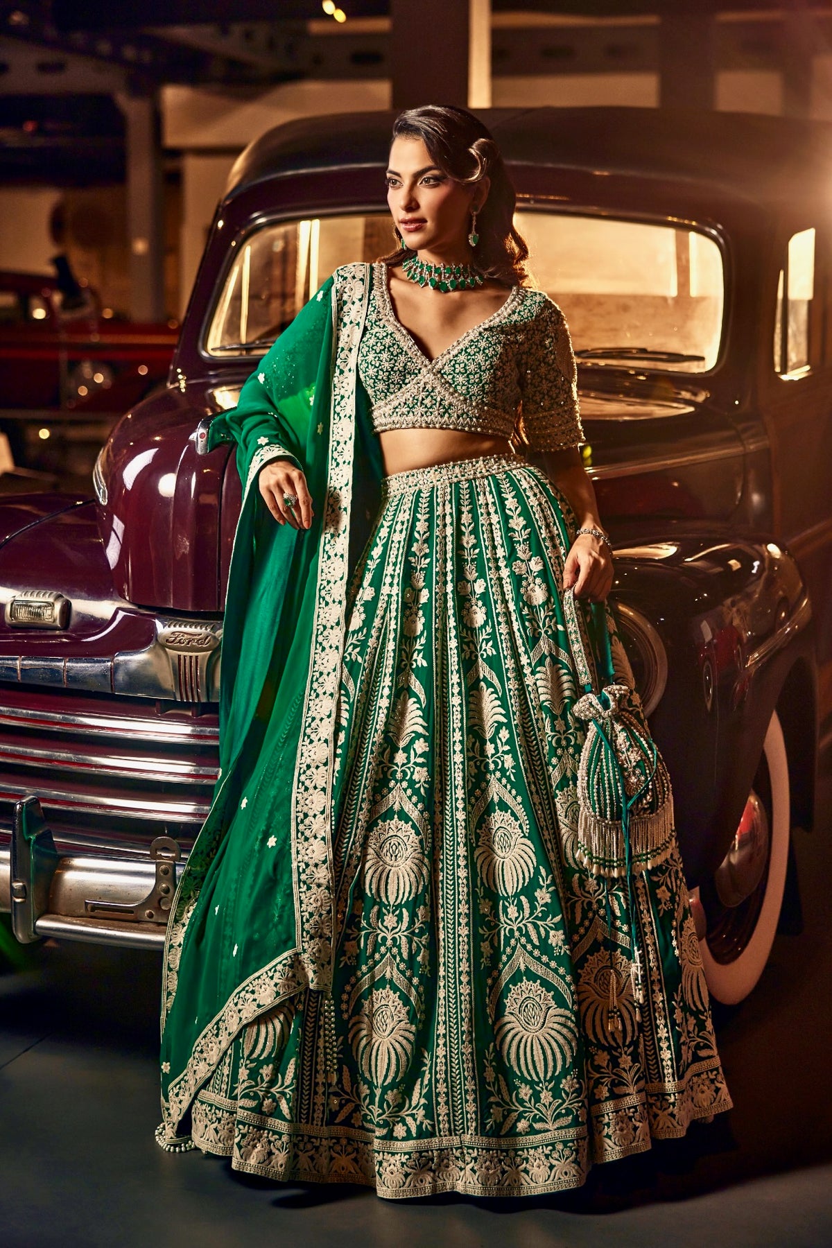 Perle Lehenga Set in Emerald Thread