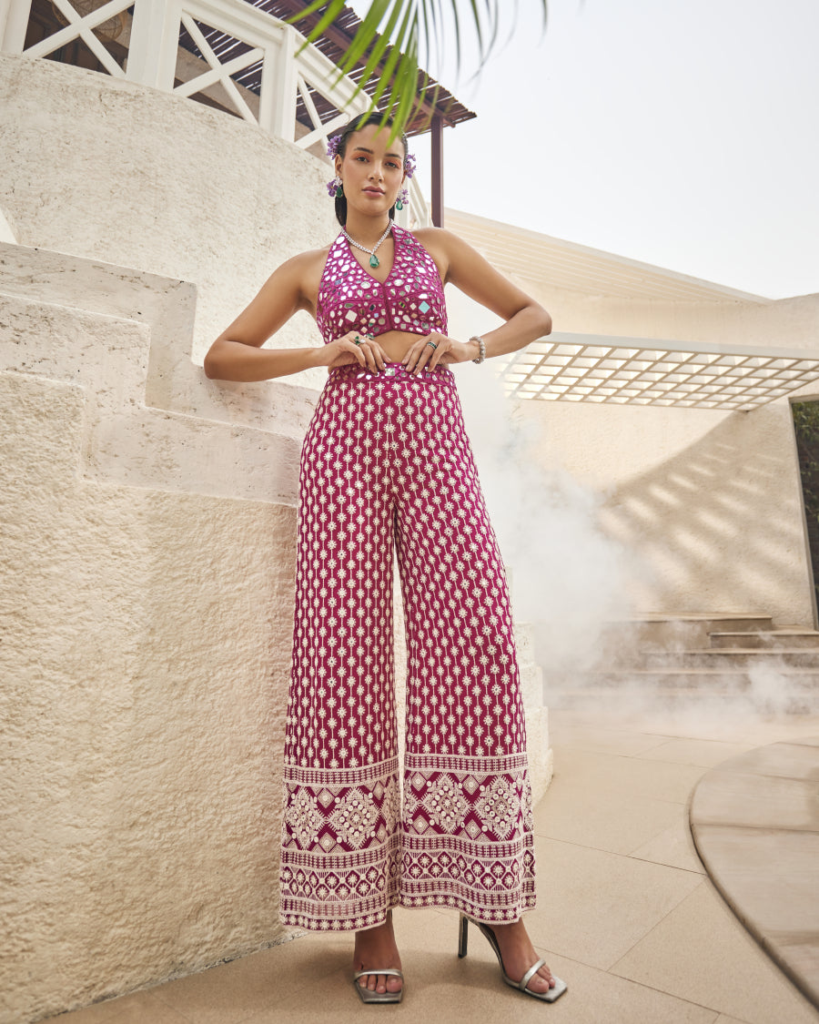 Jen Halter Top with Palazzo Pants in Rubis