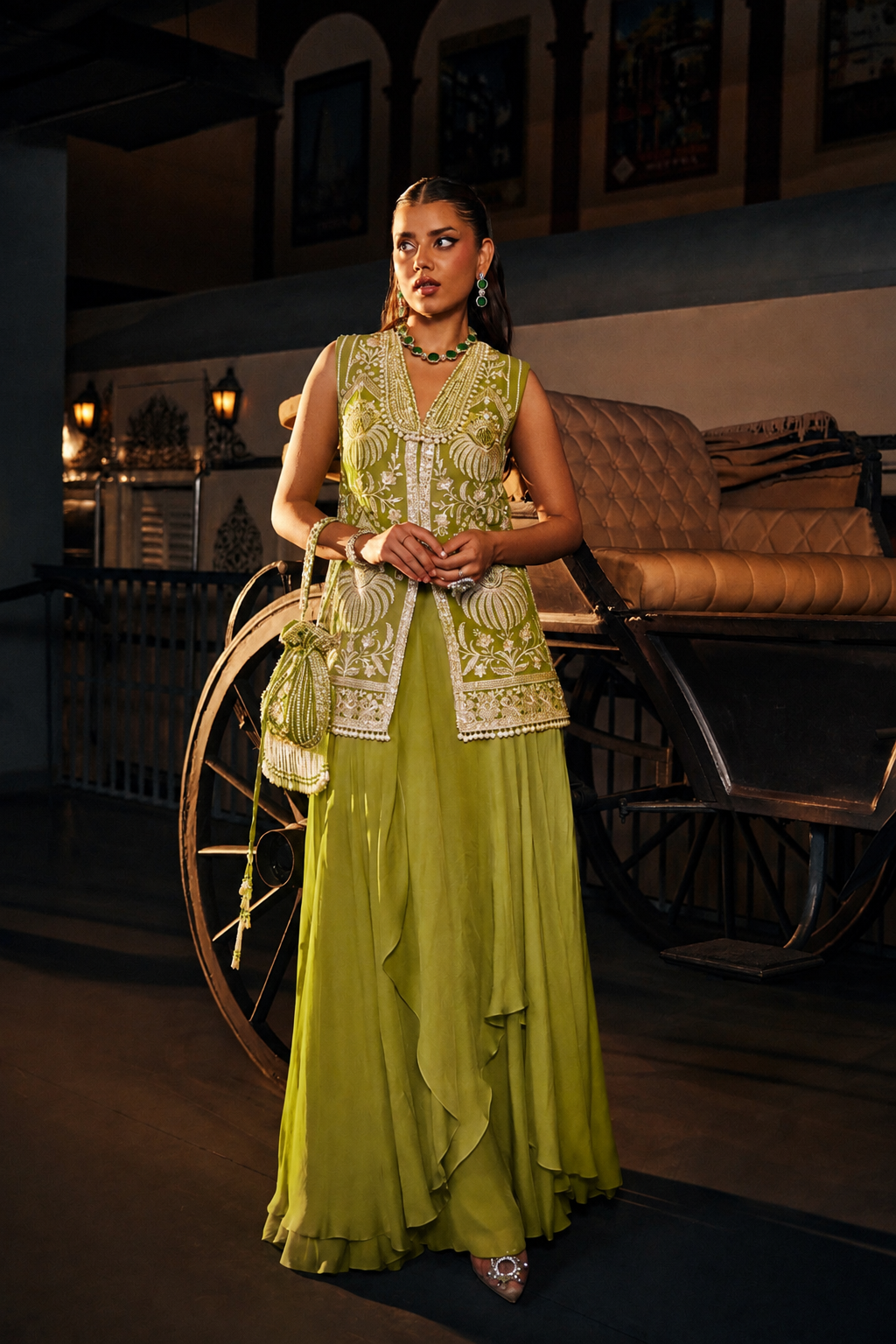 Perle Layered Skirt with Collar Tunic in Emerald Zari