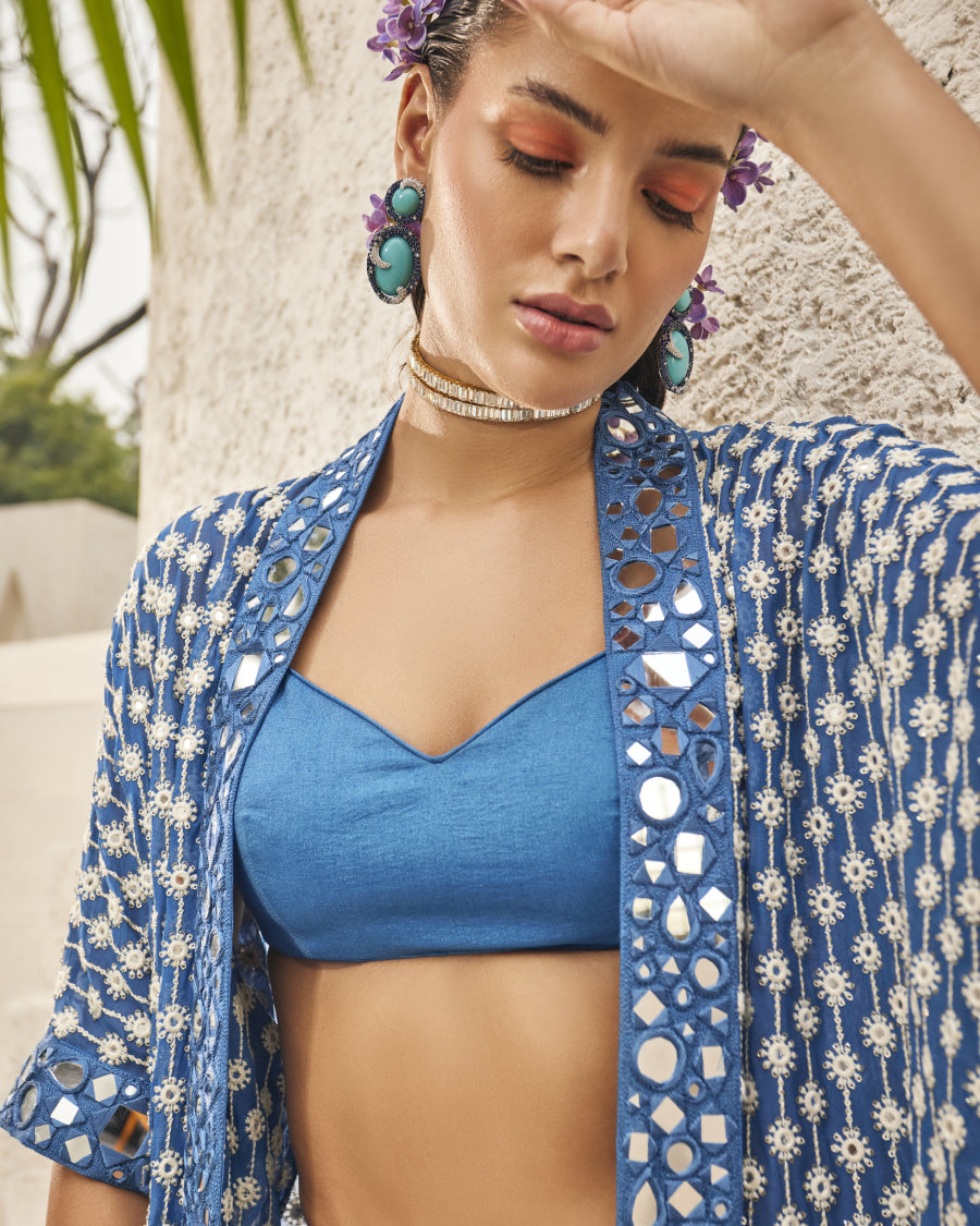 Mila Cape with Palazzo Pants and Bralette in Azure