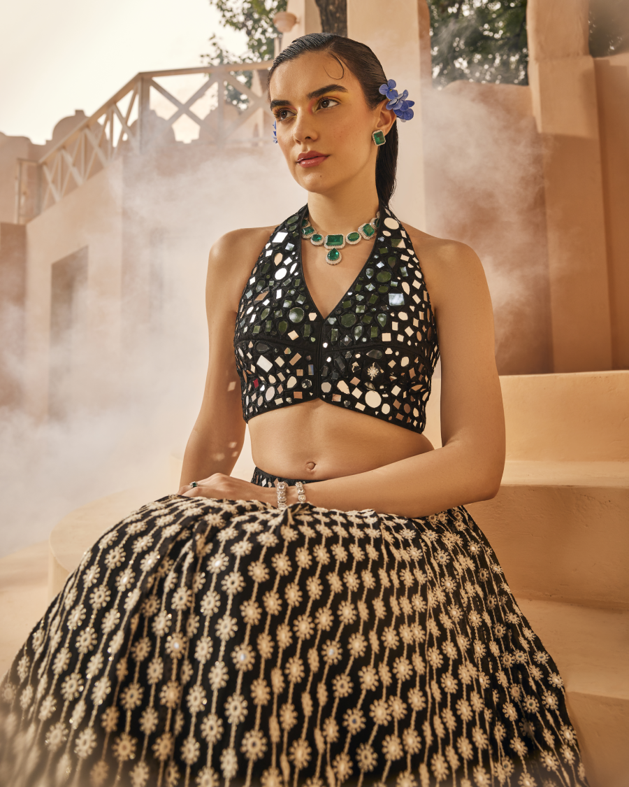 Jen Halter Top with Stardust Lehenga Skirt in Noir