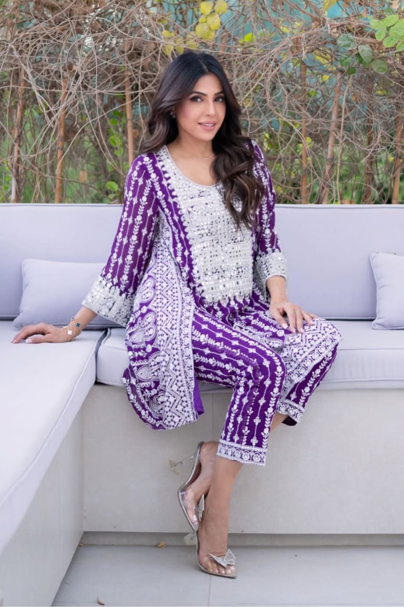 Sitara Short Kali Kurta Set in Purple as seen on Monica