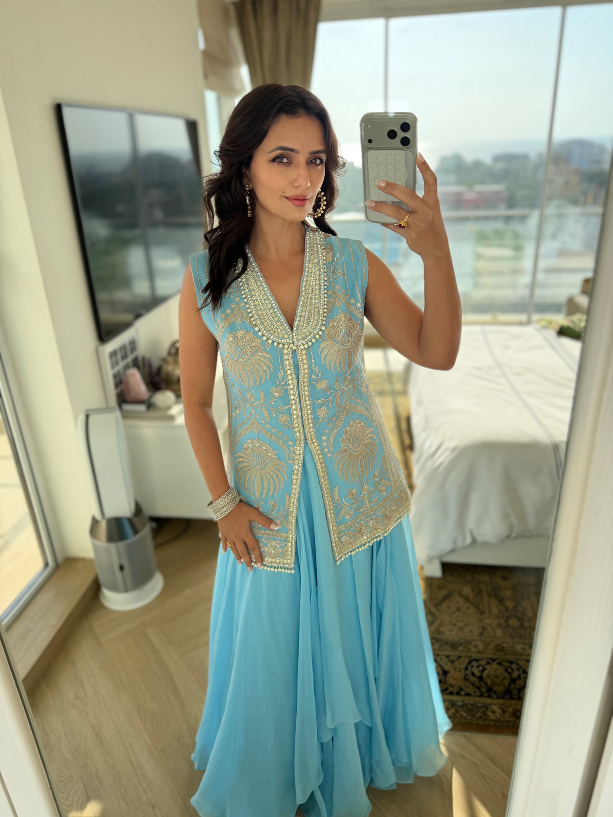 Perle Layered Skirt with Collar Tunic in Sky Blue Zari