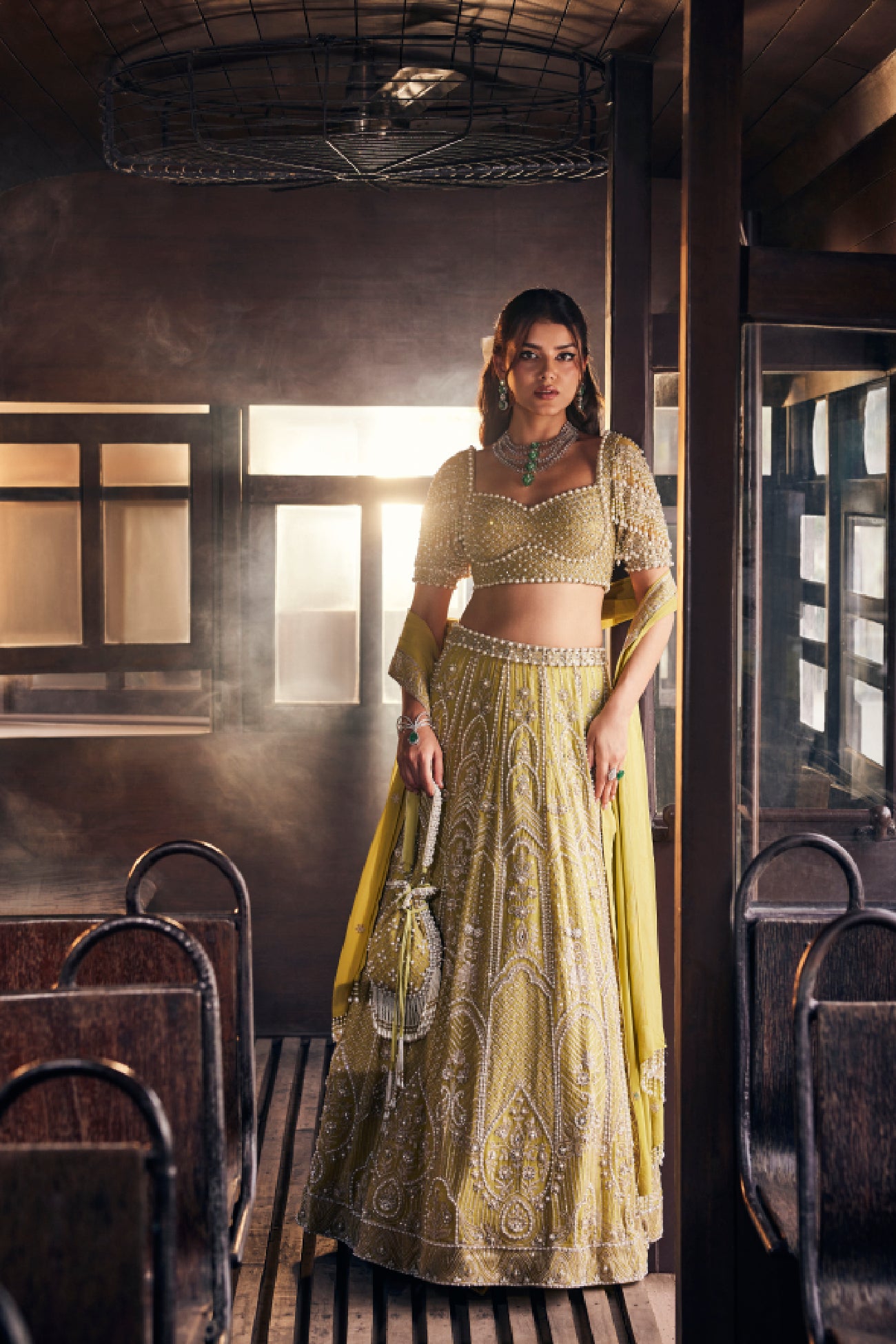 Perle Lehenga Set in Lime Green Zari