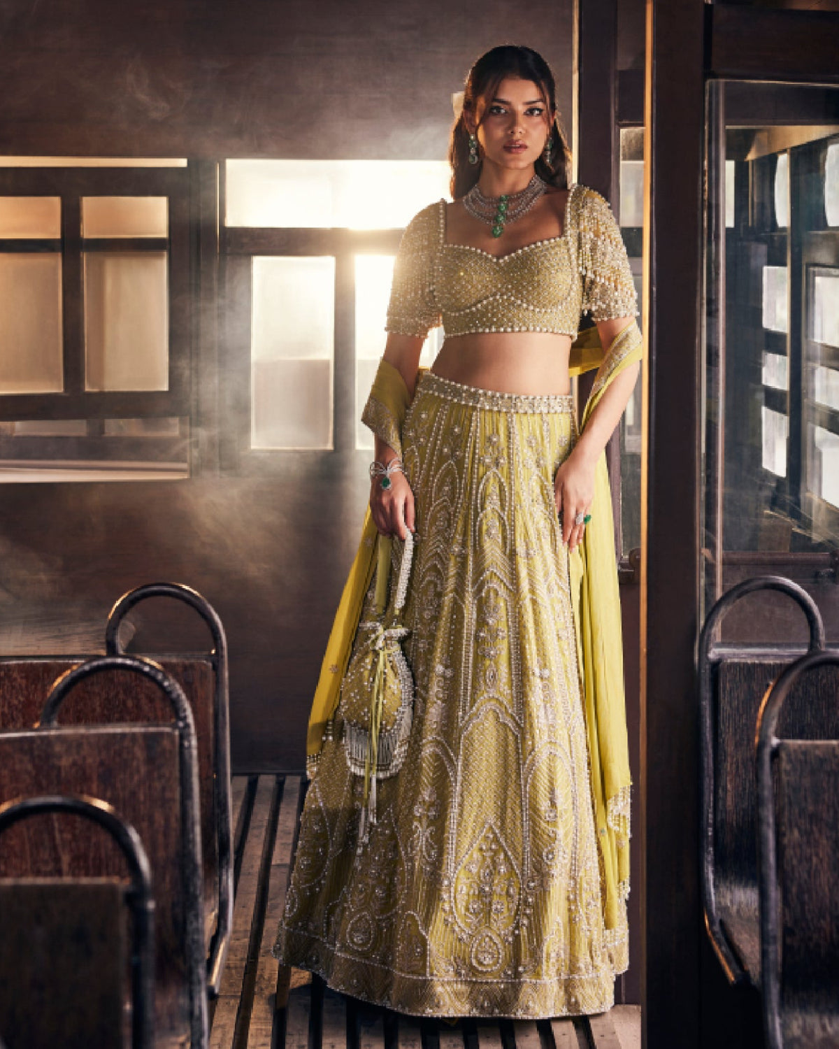 Perle Lehenga Set in Lime Green Zari