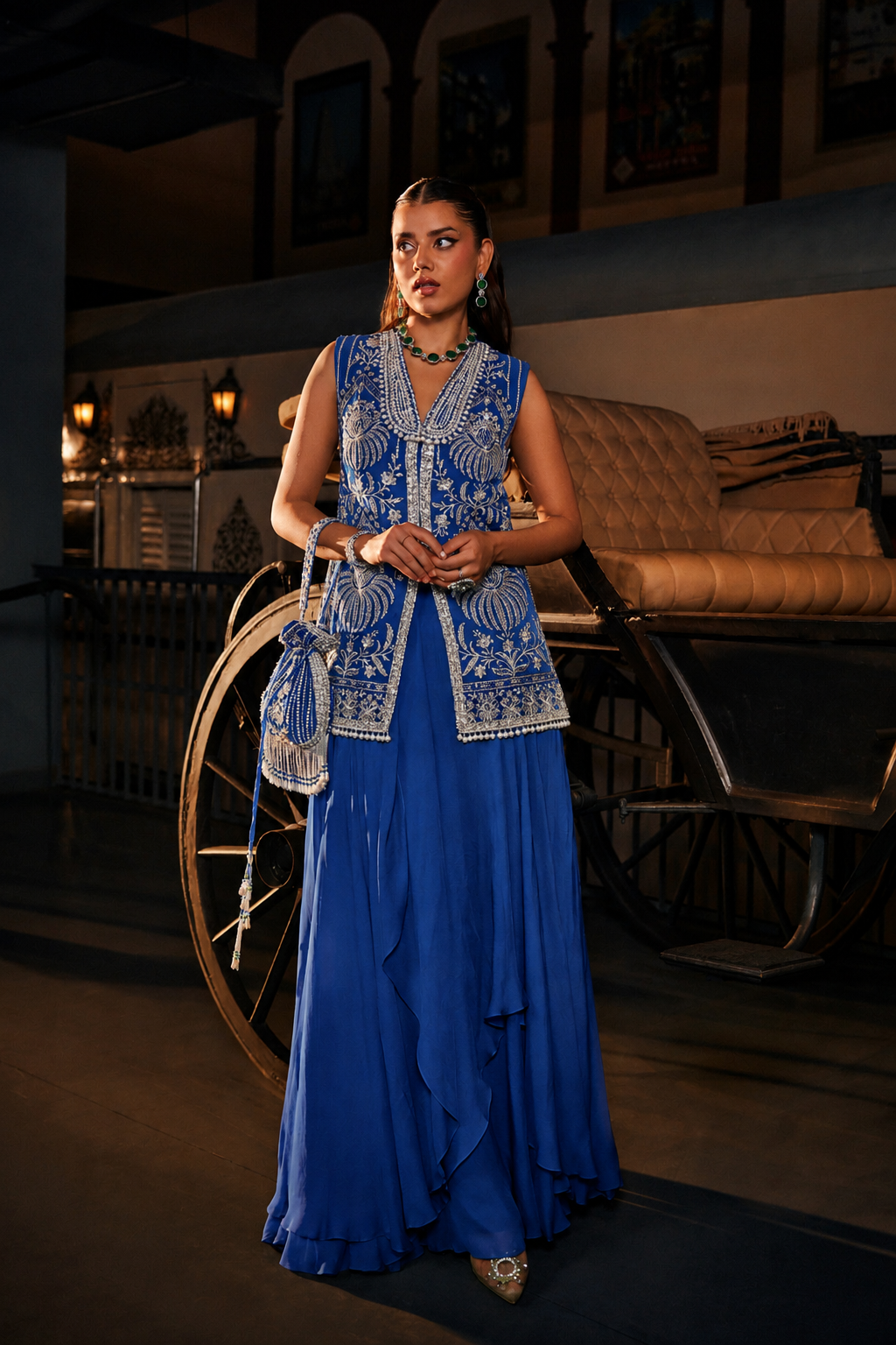 Perle Layered Skirt with Collar Tunic in Emerald Zari