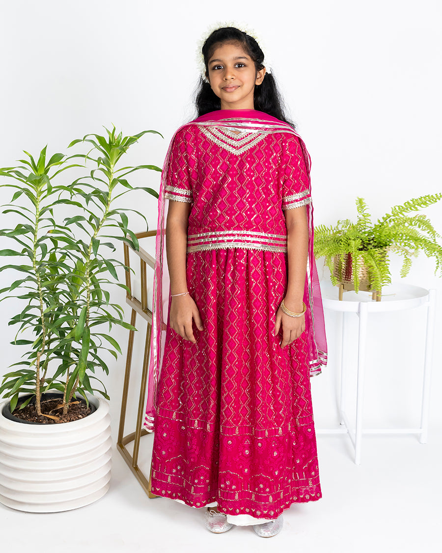 Chikkankari Lehenga Set with Box Blouse in Fuchsia