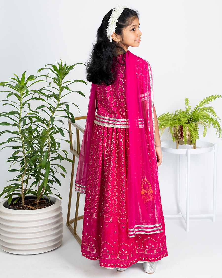 Chikkankari Lehenga Set with Box Blouse in Fuchsia
