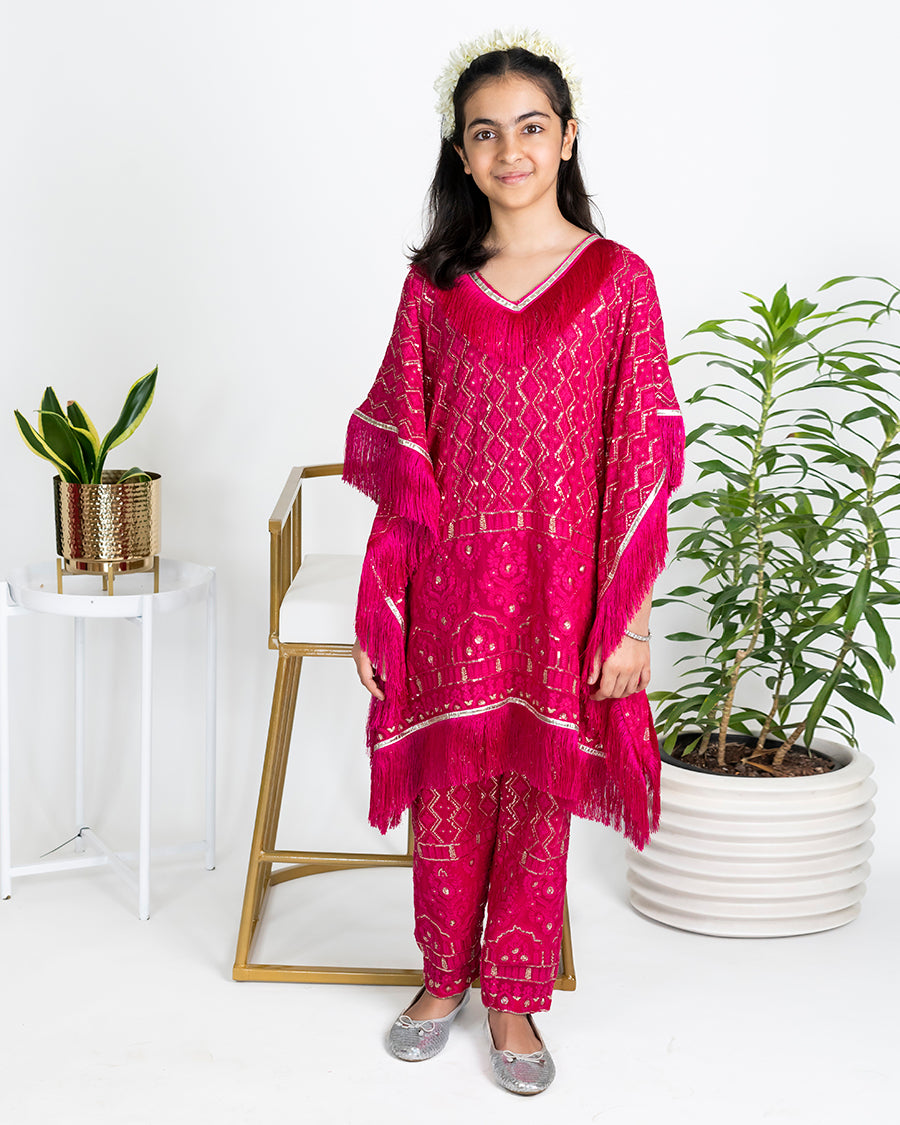 Chikkankari Kaftan Set With Ankle Pants in Fuchsia