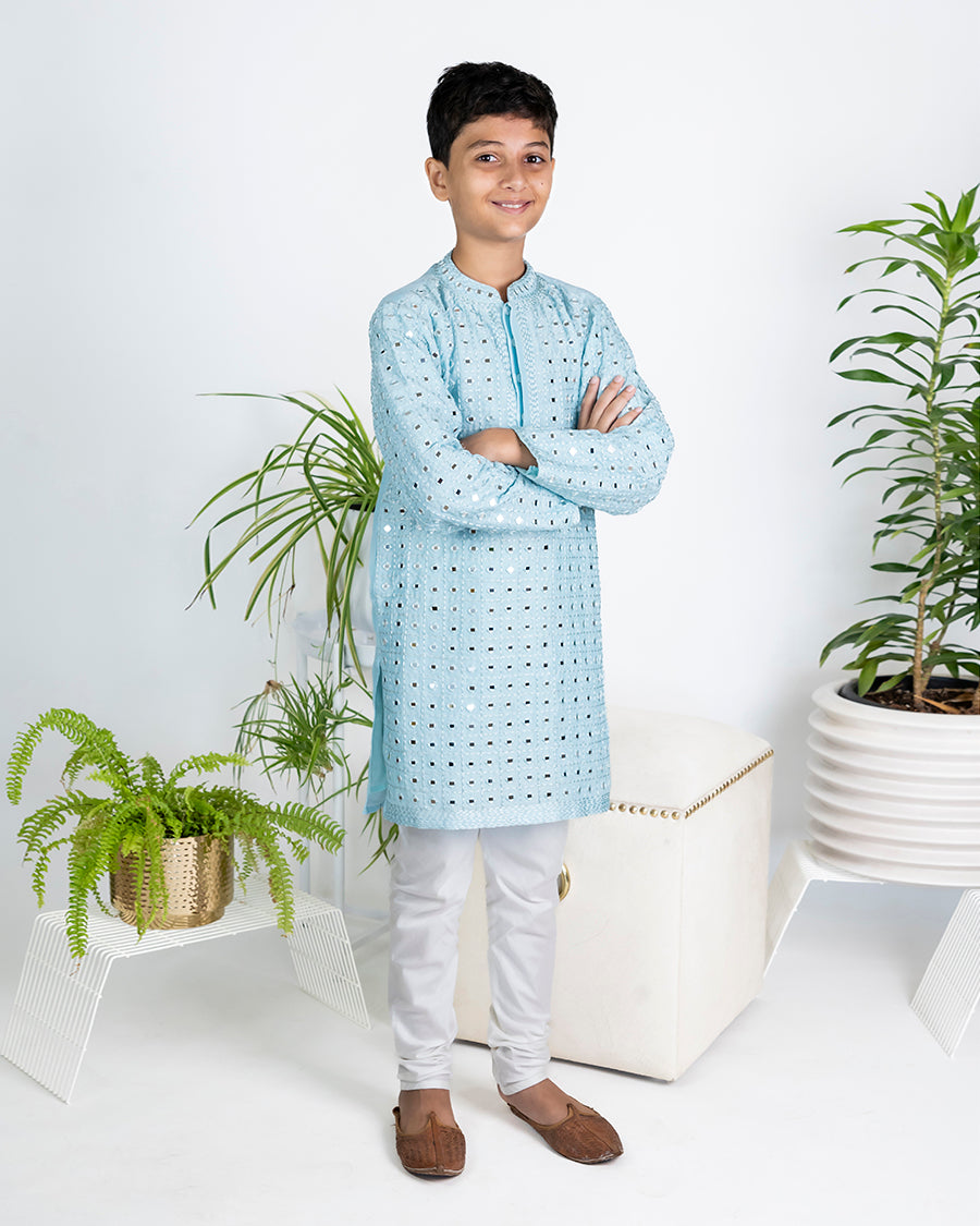 Stardust Kurta Set in Sky Blue Mirror Jaal