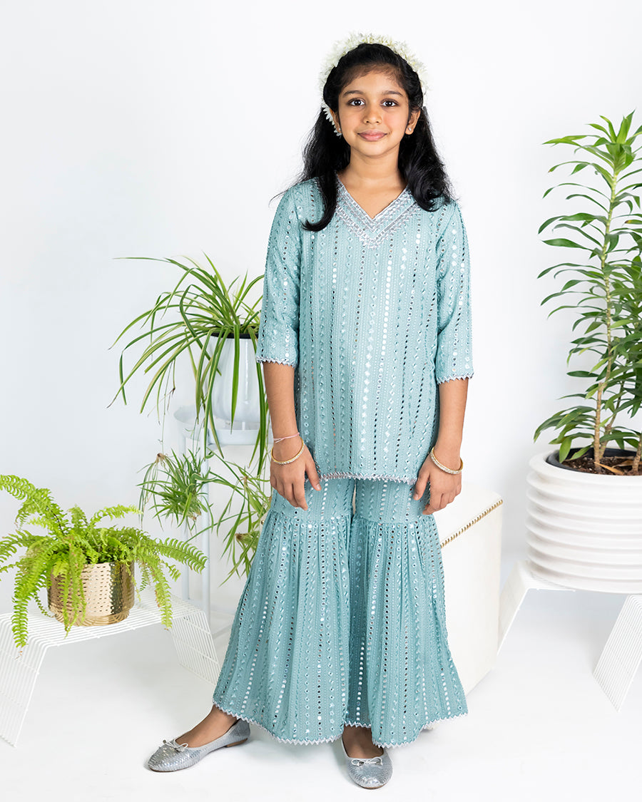 Stardust Short Kurta with Sharara Pants in Sky Foil Mirror