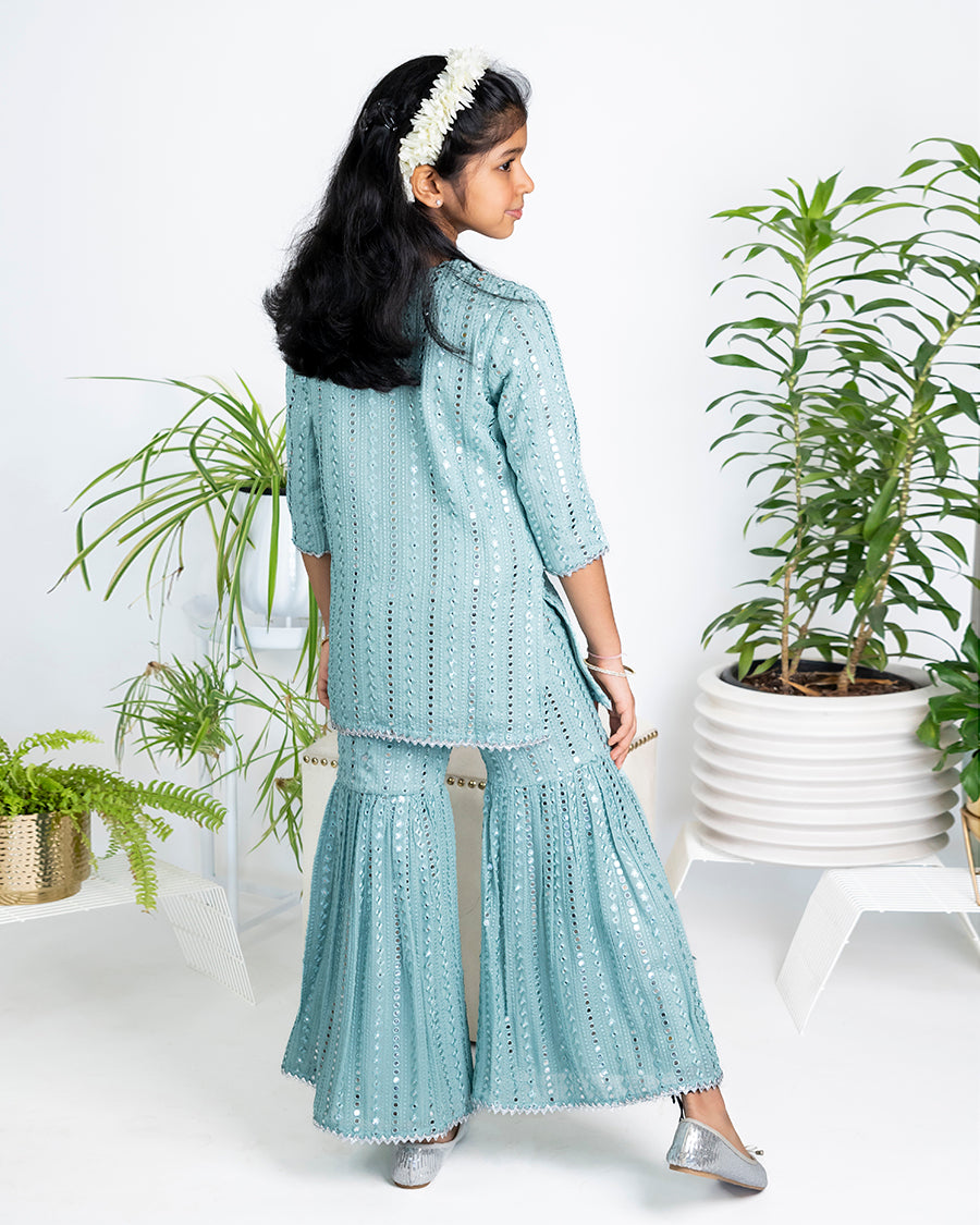 Stardust Short Kurta with Sharara Pants in Sky Foil Mirror