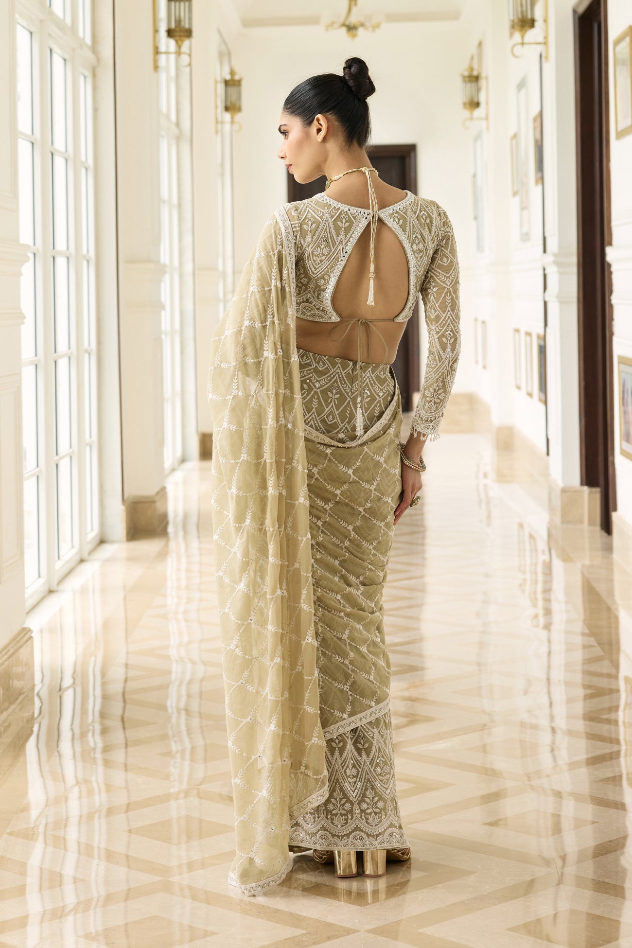 Ada Pre-Draped Saree Set in Dusty Grey
