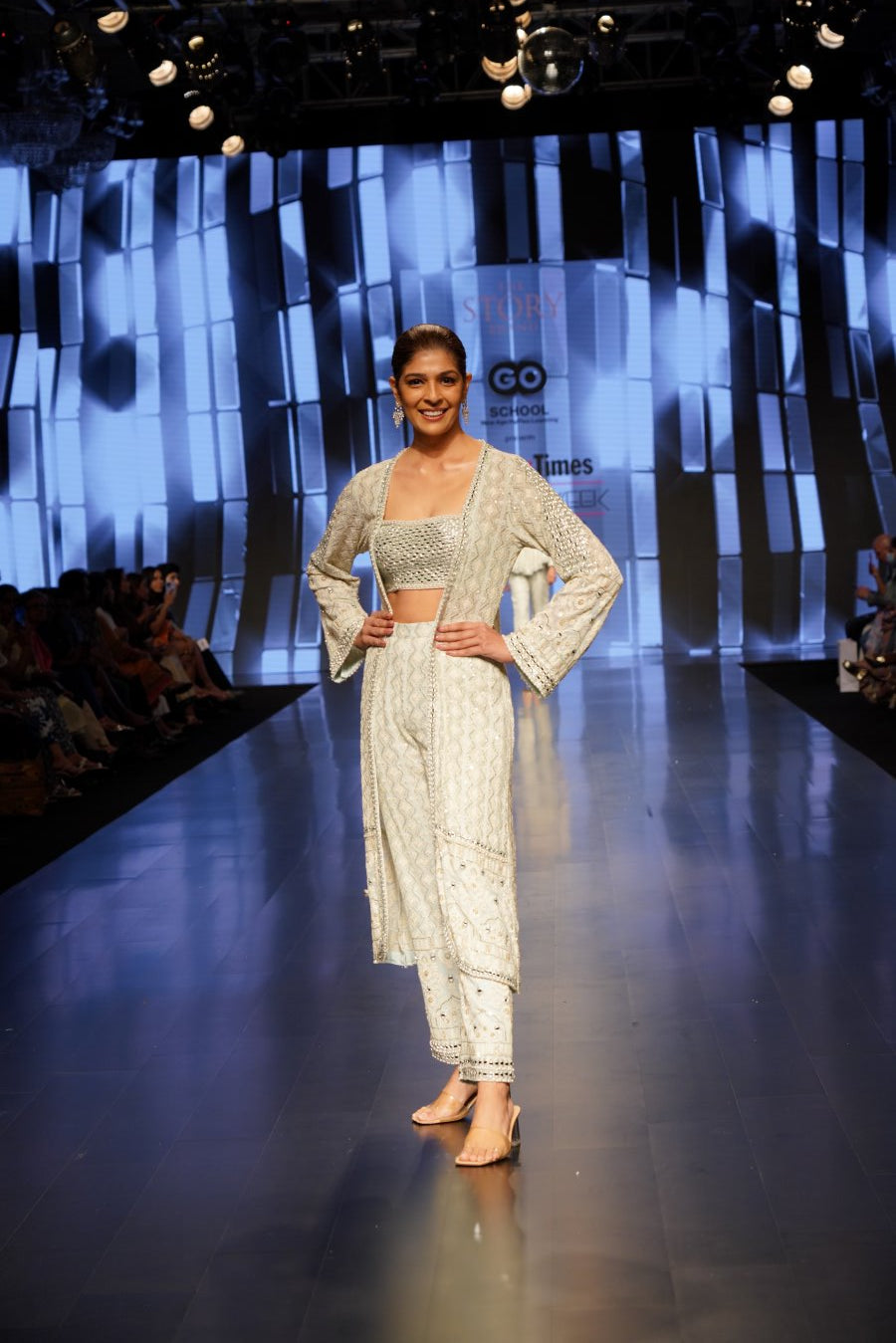 Powder Blue Pearl and Mirror Embellished Bustier Top , Long Cape and Pants