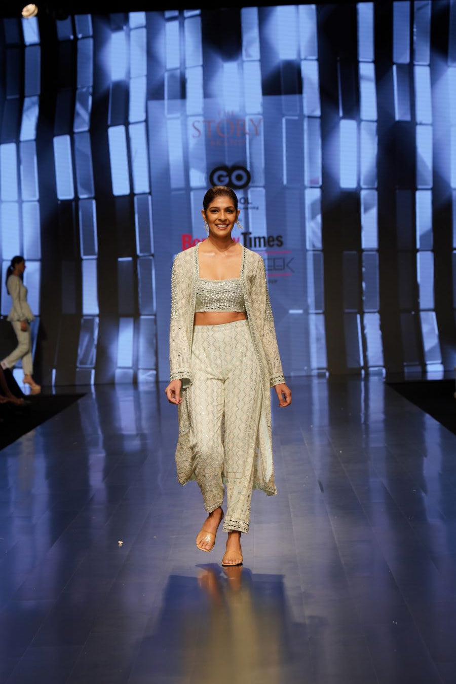 Powder Blue Pearl and Mirror Embellished Bustier Top , Long Cape and Pants