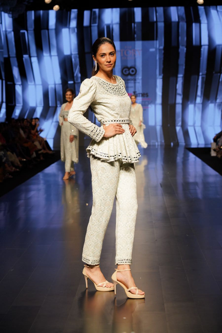 Powder Blue Pearl and Mirror Embellished Peplum Top, Belt and Matching Pants