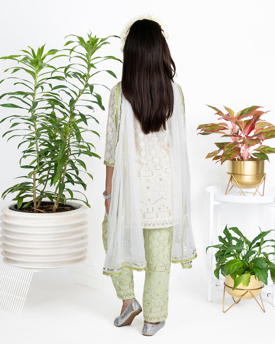 Chikkankari Kurta In Ivory And Contrast Pants