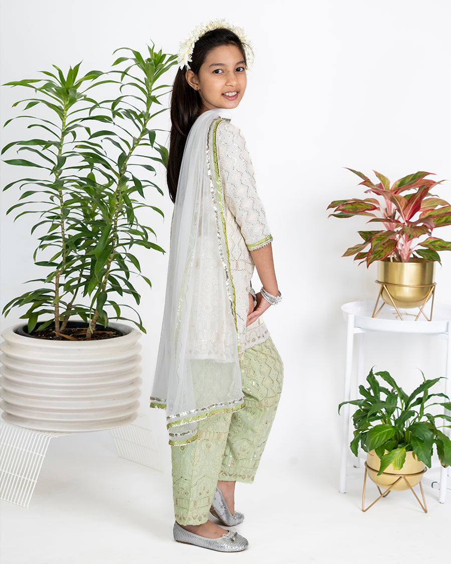 Chikkankari Kurta In Ivory And Contrast Pants
