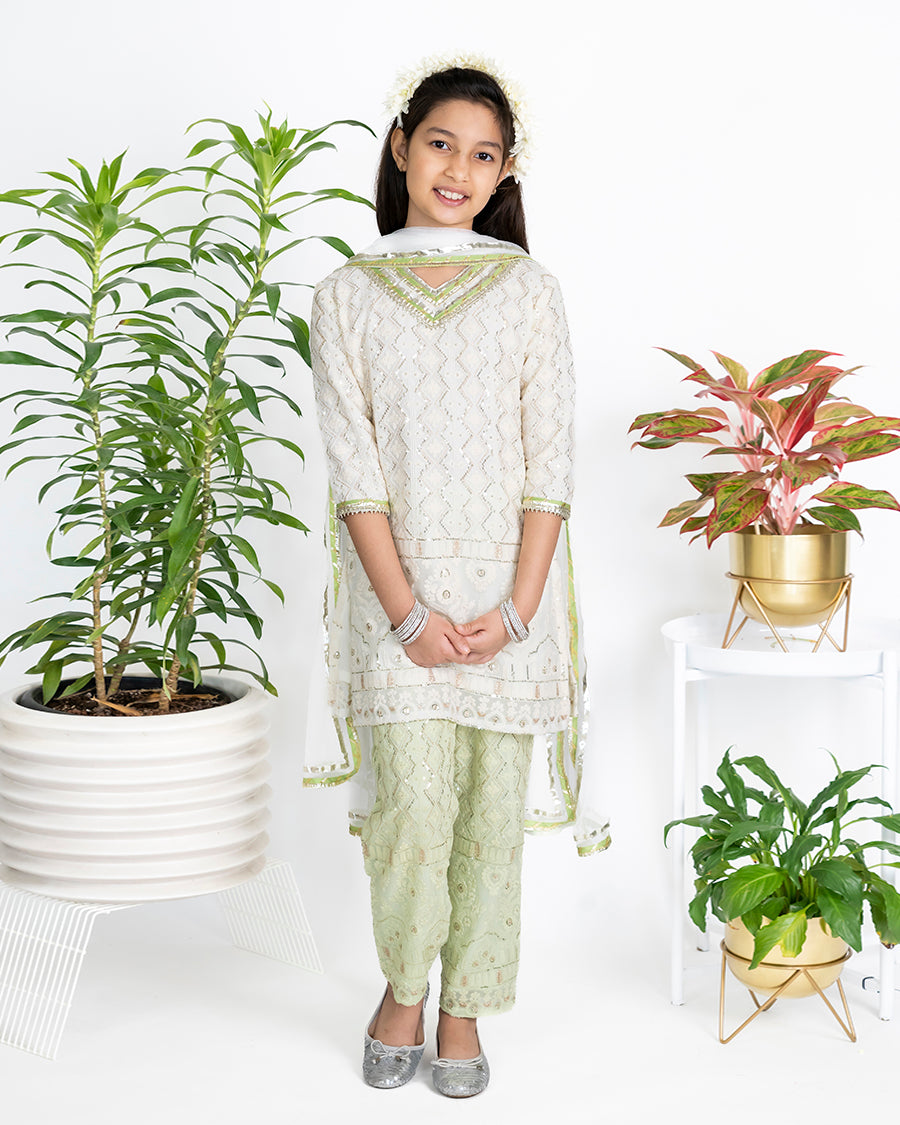 Chikkankari Kurta In Ivory And Contrast Pants