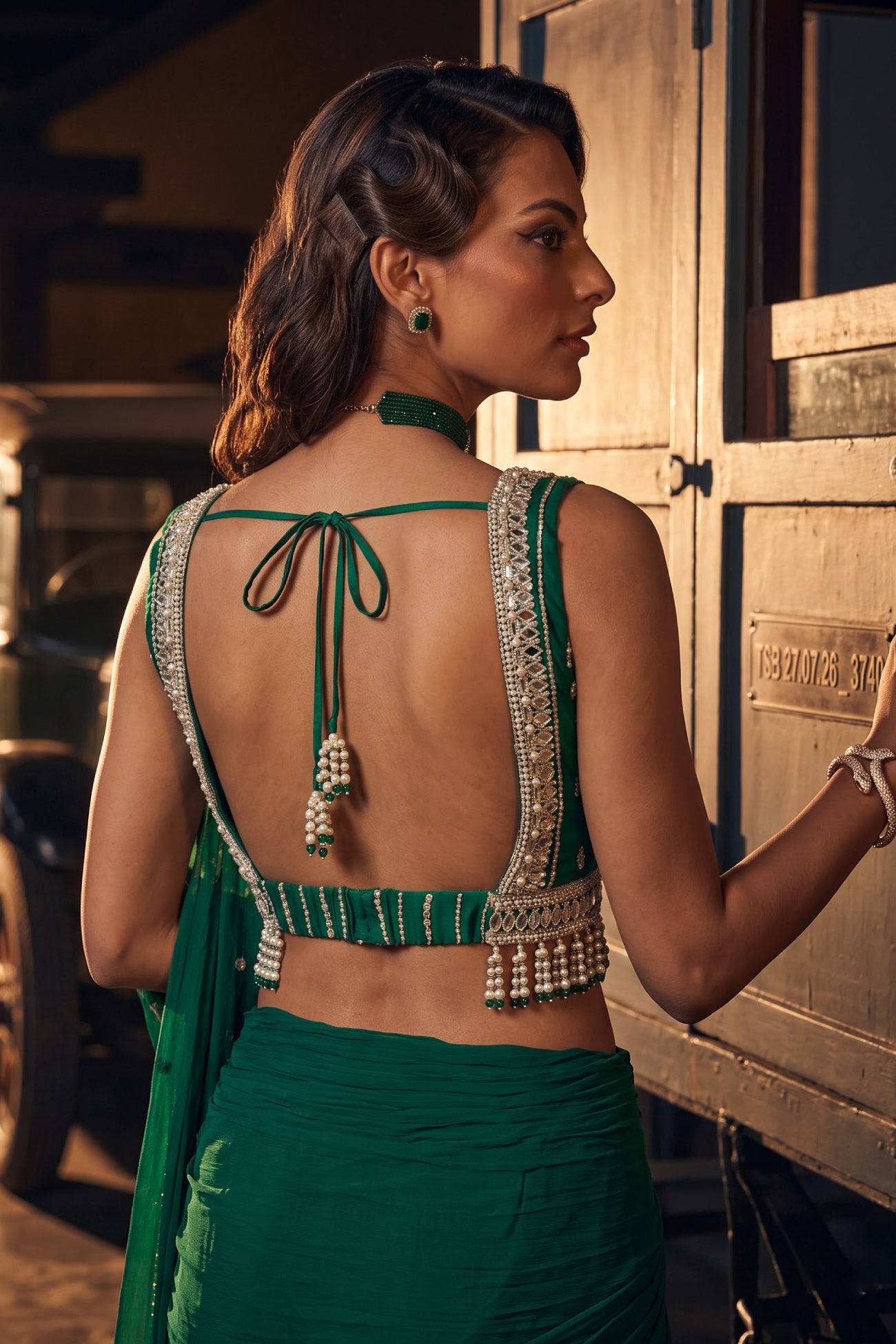 Perle Draped Saree with Tassel Blouse in Emerald Zari