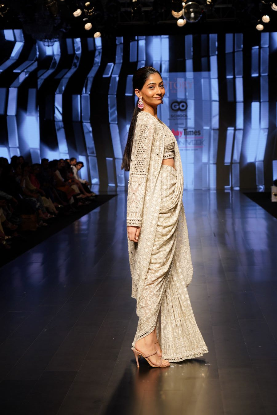 Dusty Grey Pearl and Mirror Embellished Long Cape, Bralette top and a Saree with no Pallav